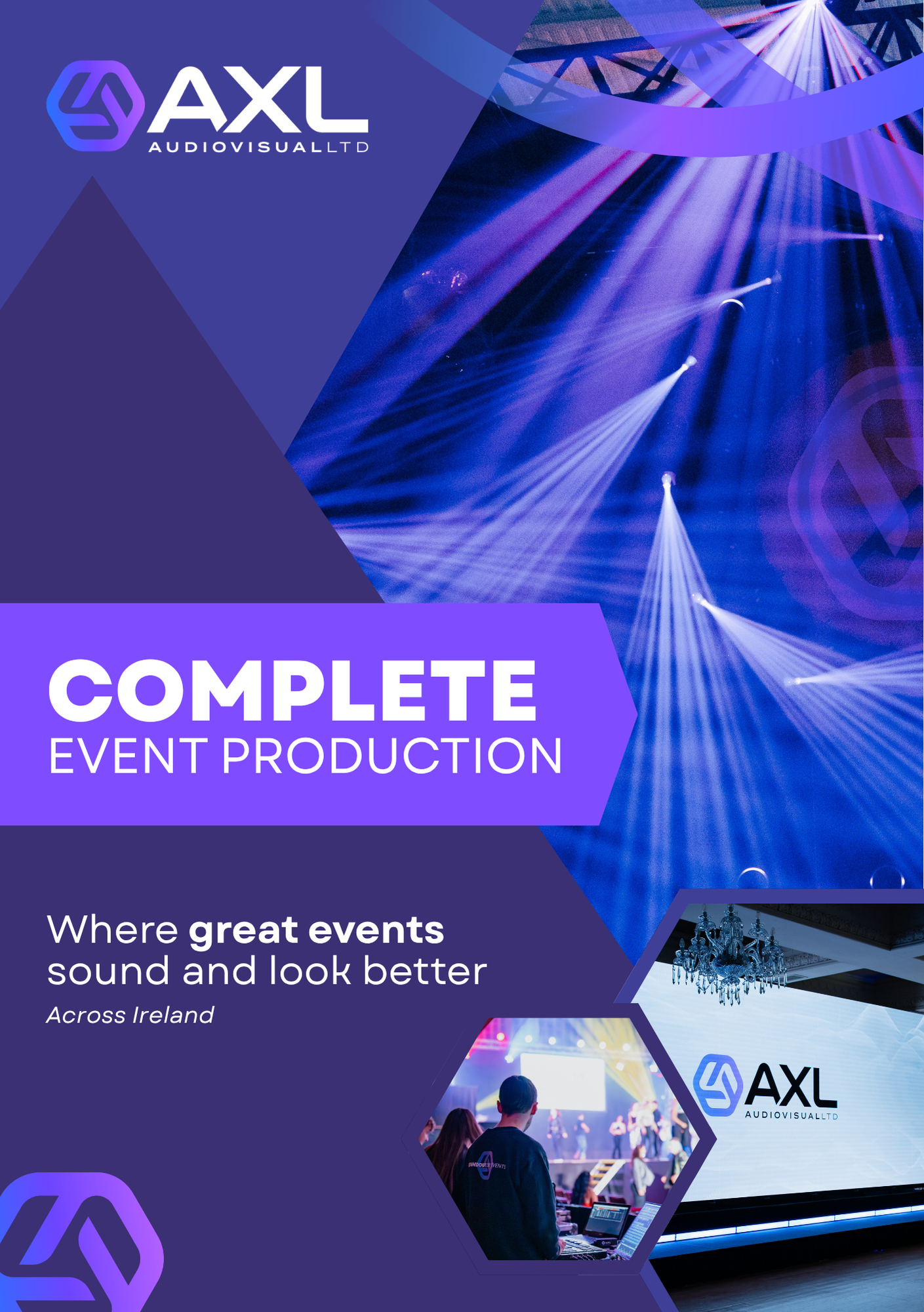 A promotional flyer for AXL Audiovisual Ltd, advertising complete event production services with images of concert lighting, a person operating audio equipment, and a large screen showing the AXL logo.