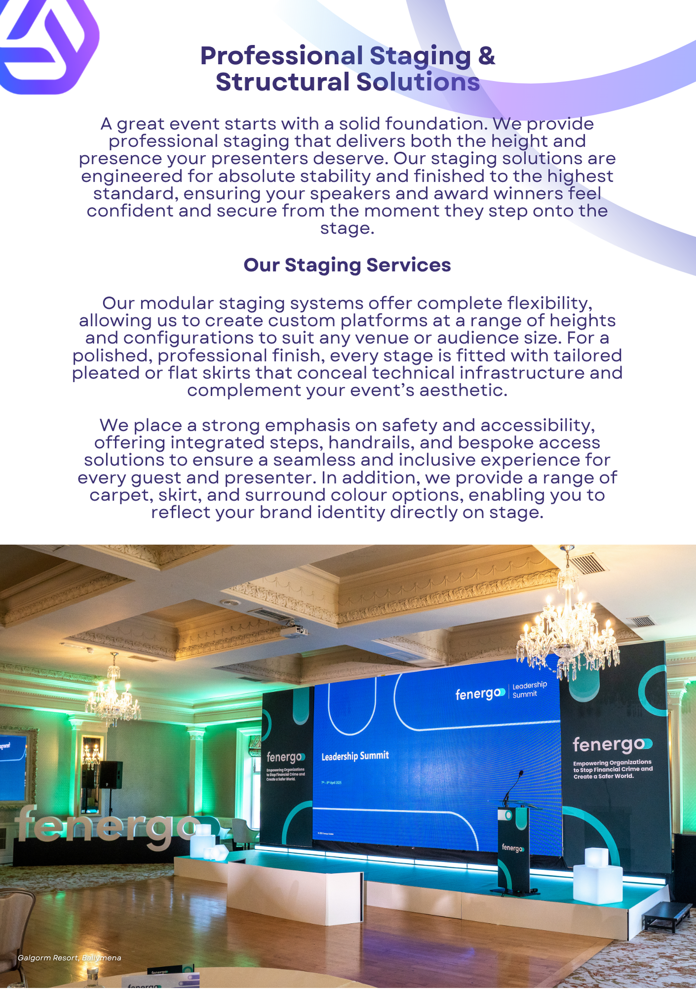 Conference room with a large LED screen displaying the text 'Leadership Summit' and 'fenergo'. The room is decorated with green and white lighting, chandeliers, and ornate moldings. A podium with a microphone is in front of the screen, and there are 