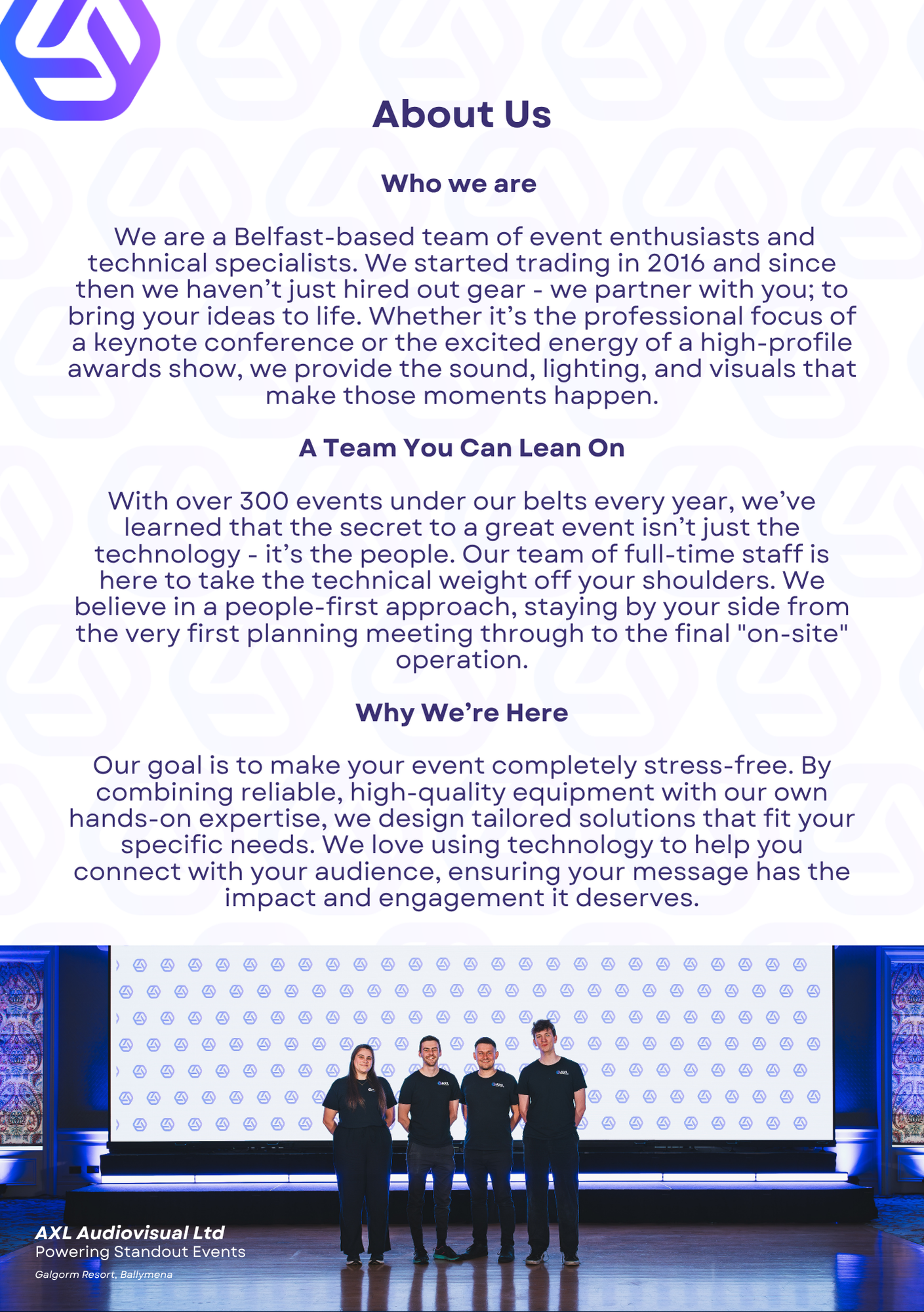 A presentation slide for AXL Audiovisual Ltd displays information about the company's services and team. The slide features a group of four staff members standing in front of a large screen, with decorative lighting and a patterned wall on either sid