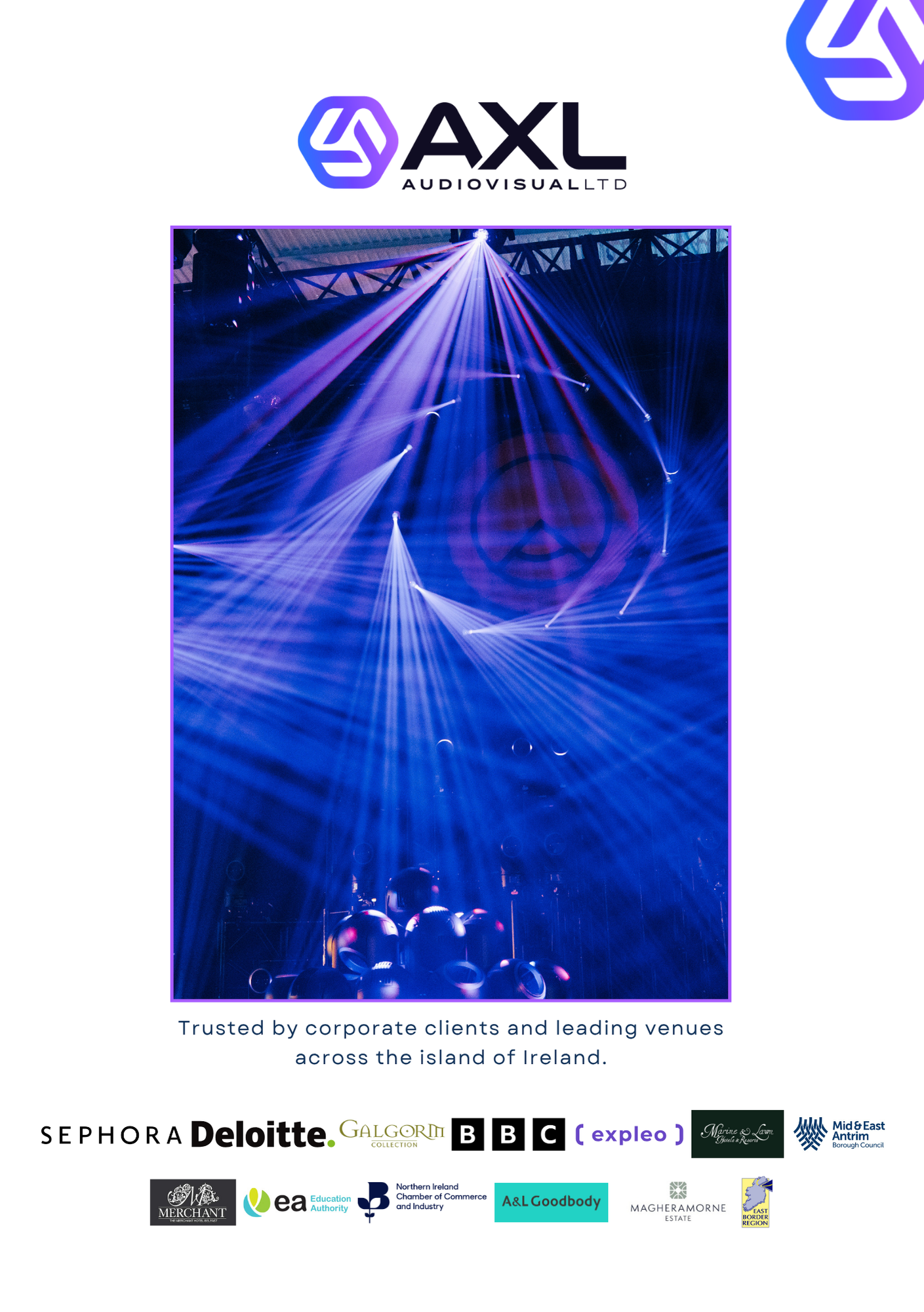 Promotional flyer for AXL Audiovisual Ltd featuring a stage with blue and purple lighting effects and the company logo at the top. The flyer mentions trust by corporate clients and leading venues across Ireland, with logos of various companies at the
