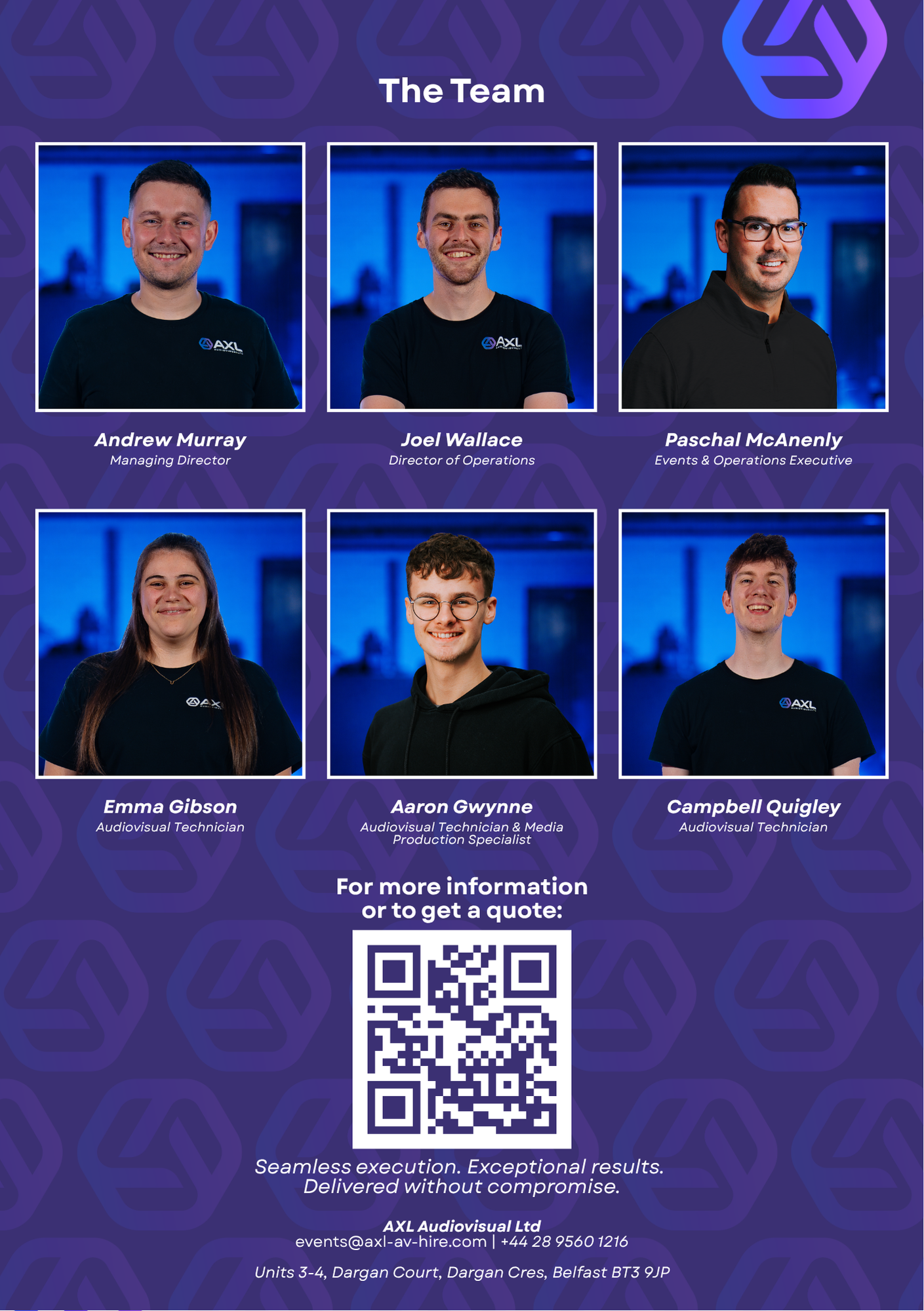 Group photo of six team members with their titles, including Andrew Murray, Joel Wallace, Paschal McAnely, Emma Gibson, Aaron Gwynne, and Campbell Quigley, under a purple background with a QR code for more information.