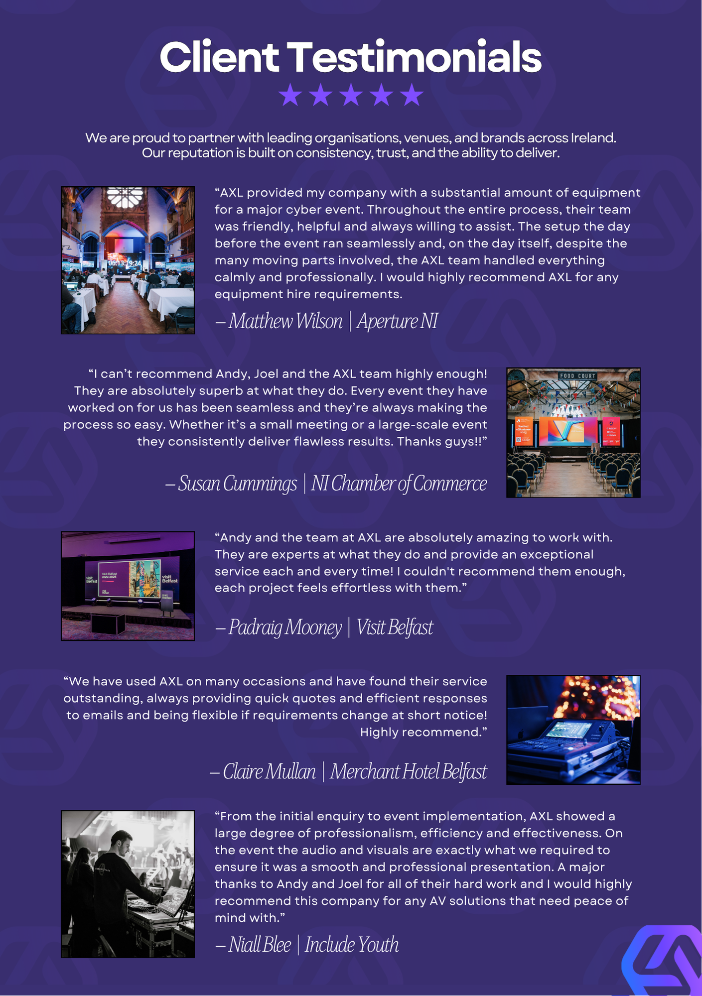 A promotional poster displaying client testimonials for AXL, featuring usernames, quotes, and photos of event spaces and equipment on a purple background with the AXL logo in the bottom right corner.