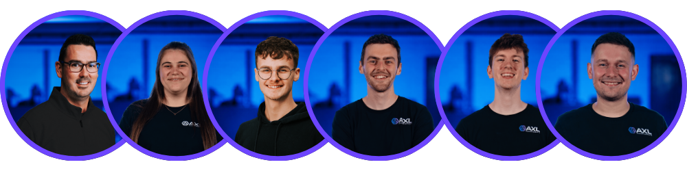 Six people standing against a blue and purple abstract background, all wearing black shirts with a company logo, smiling at the camera.