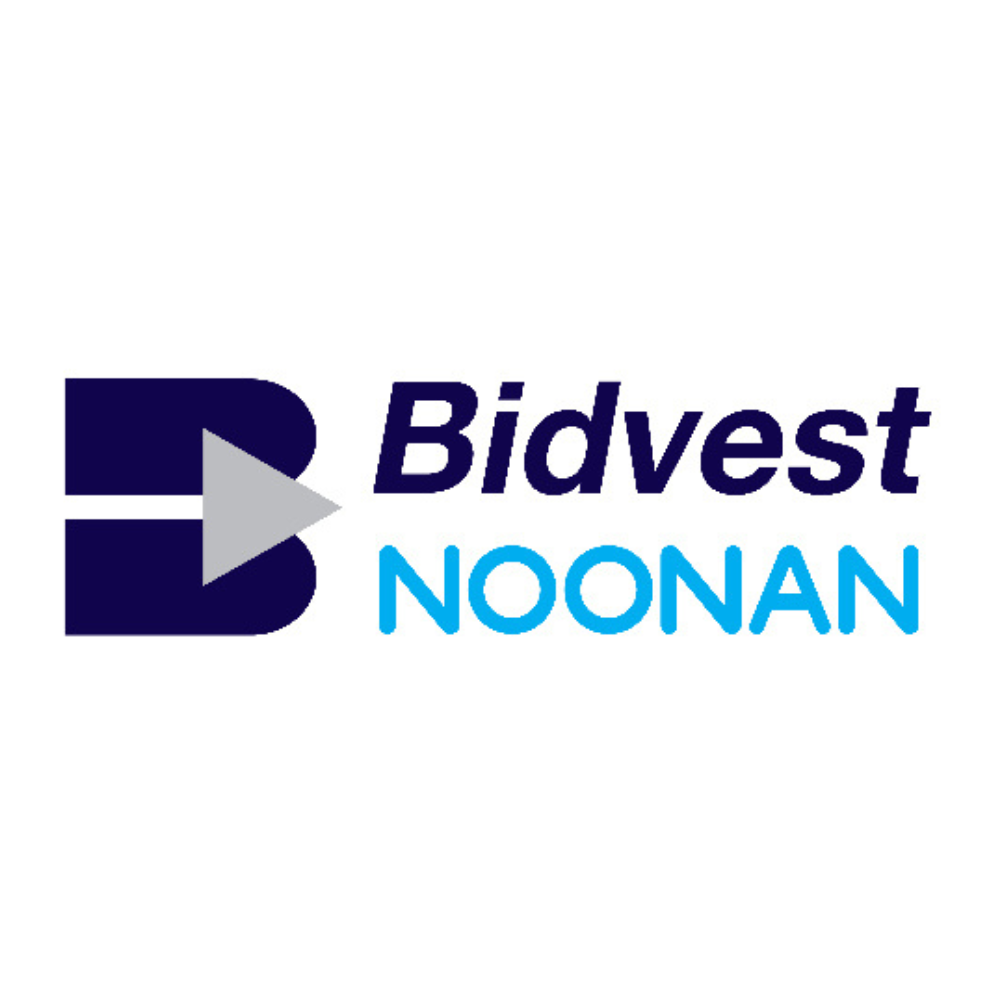 Logo for Bidvest Noonan featuring a stylized letter 'B' with a play button symbol and the company name in navy blue and light blue text.