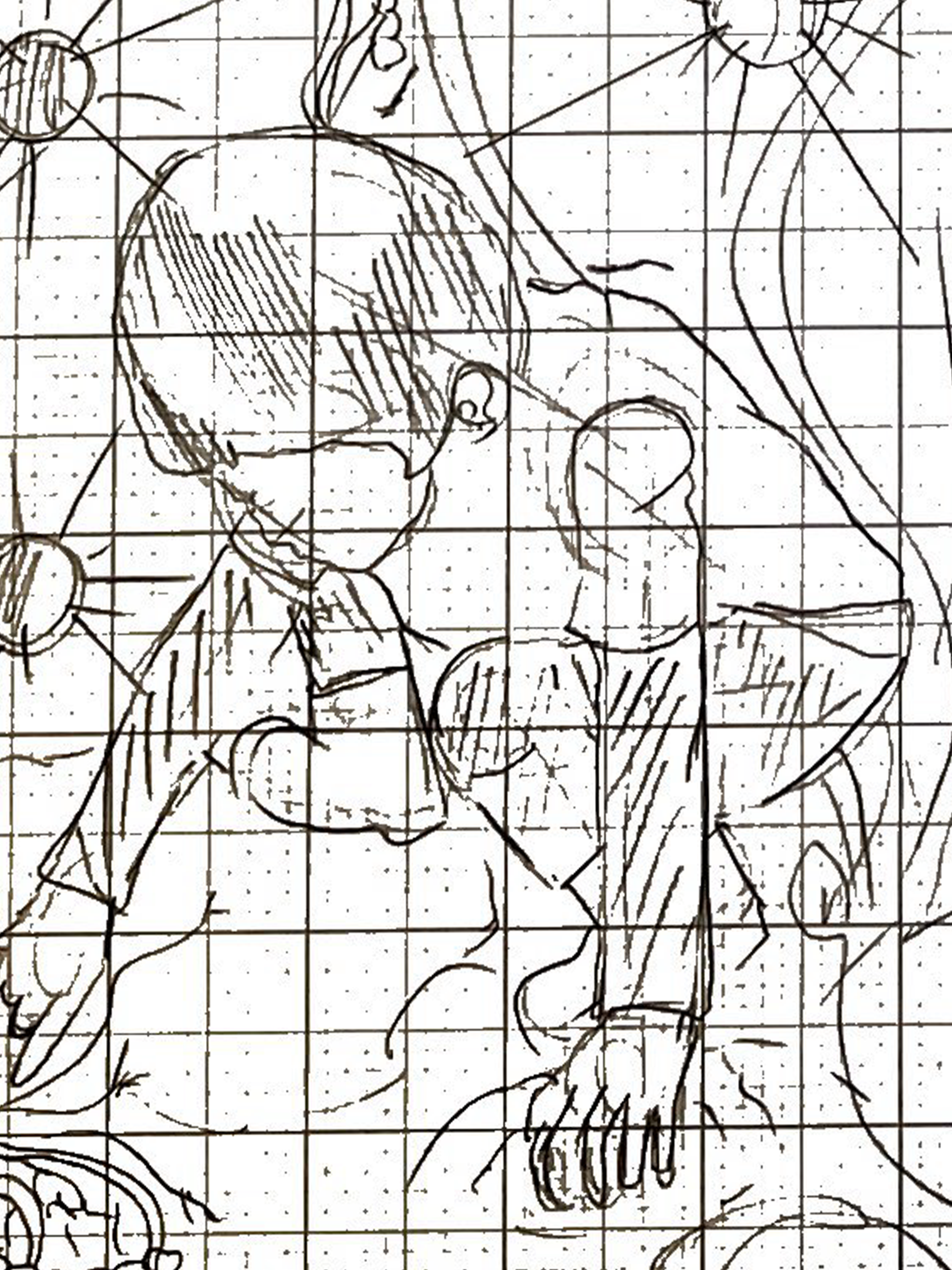 A hand-drawn sketch featuring various mechanical components and possibly some anatomical elements, with overlapping lines and a grid background for reference.