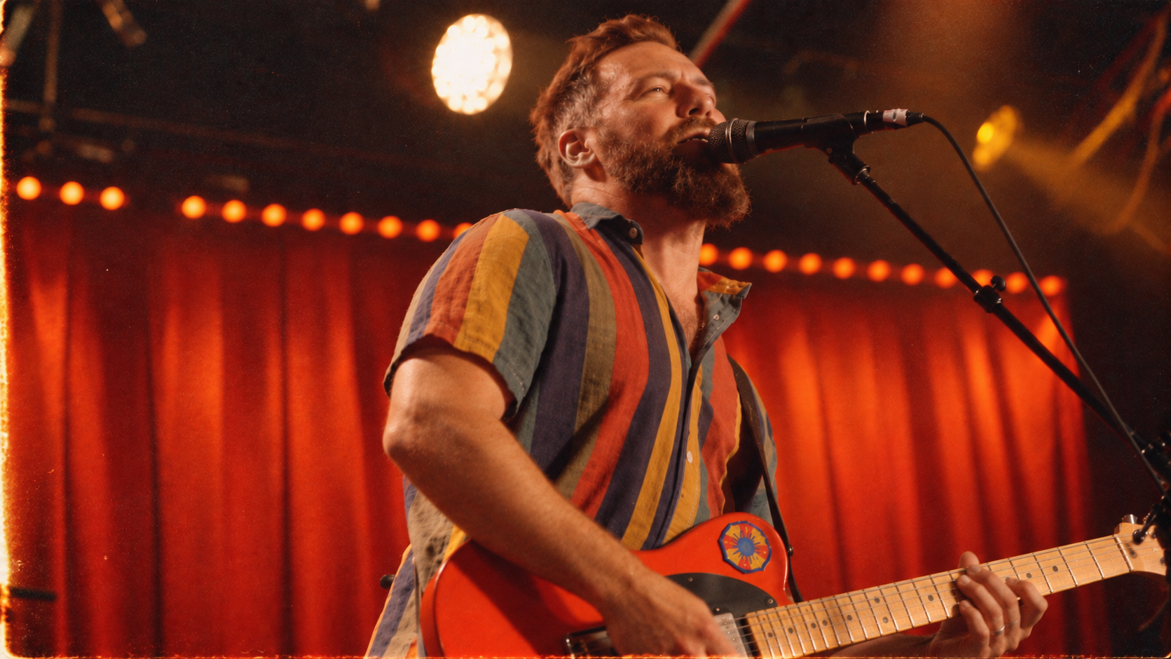 A man with a beard and short hair playing an orange electric guitar and singing into a microphone on stage with red curtains and warm lighting.