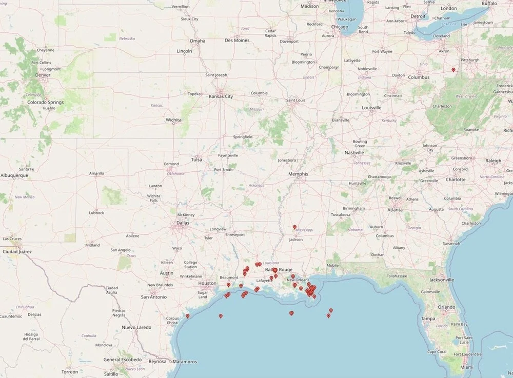 Map of Weidner Consulting well projects across Louisiana, Texas, Mississippi, Ohio and the Gulf of Mexico