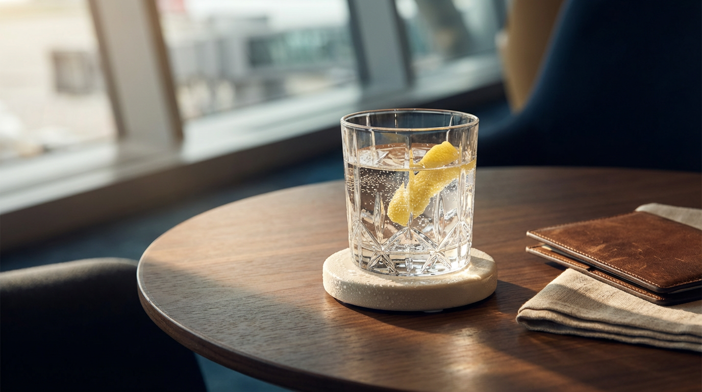 A glass of water with lemon and ice on a wooden table near a window