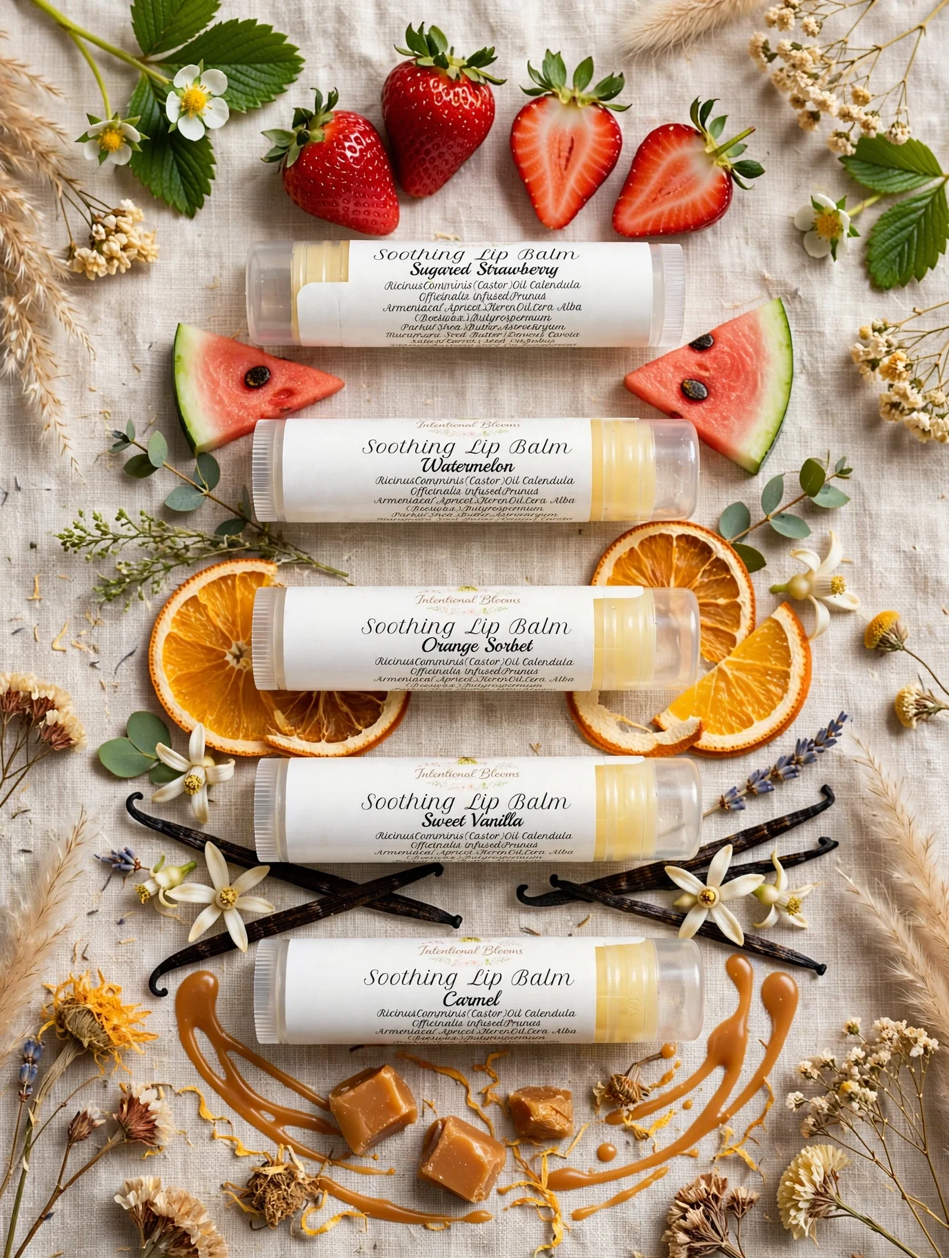 Multiple tubes of soothing lip balm flavors, including sugared strawberry, watermelon, orange sorbet, sweet vanilla, and caramel, arranged on a beige fabric with slices of strawberries, oranges, vanilla beans, dried flowers, and caramel pieces for decoration.