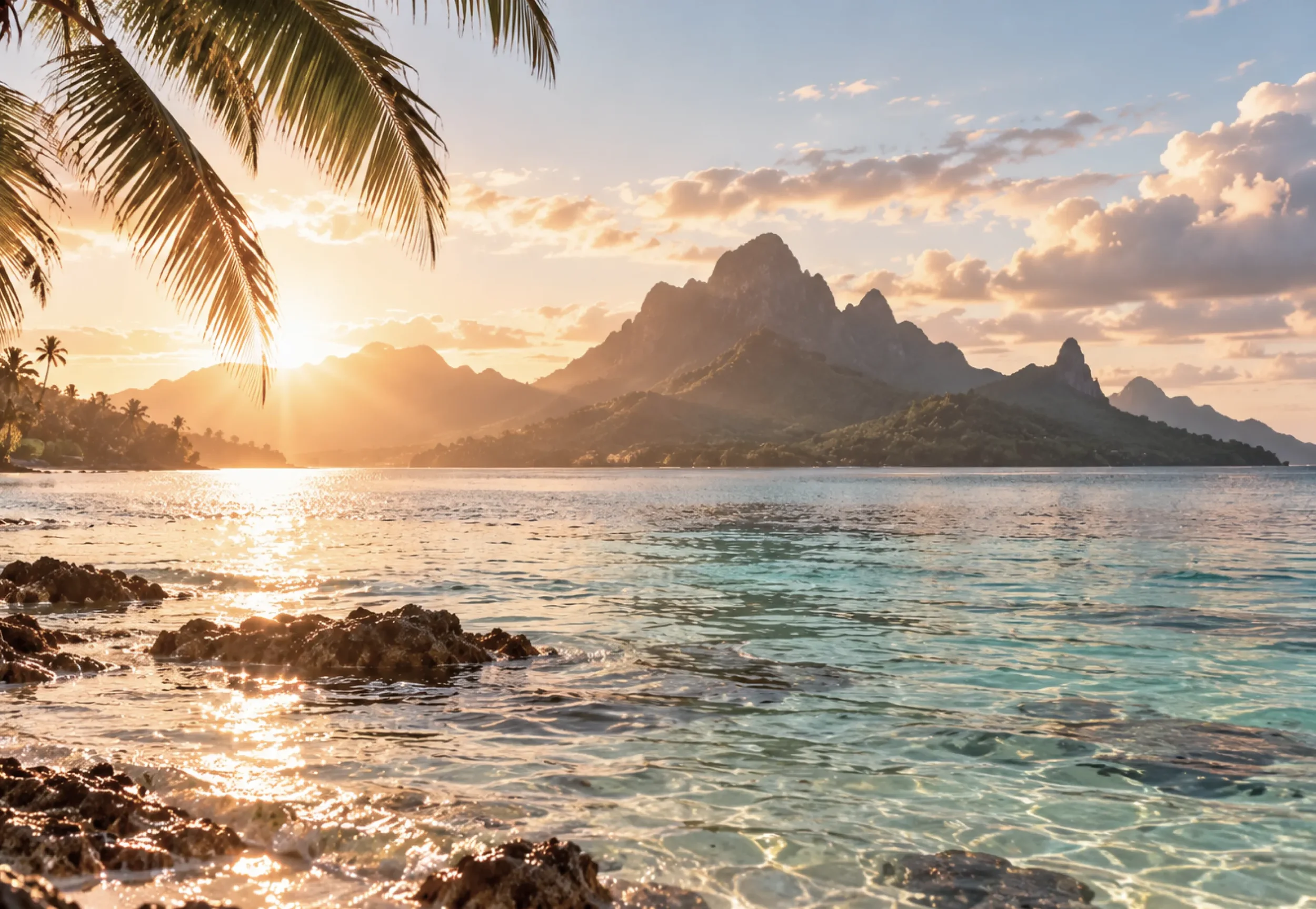 Sunset over tropical mountains with palm trees in the foreground, a body of water reflecting the sky, and a partly cloudy sky.