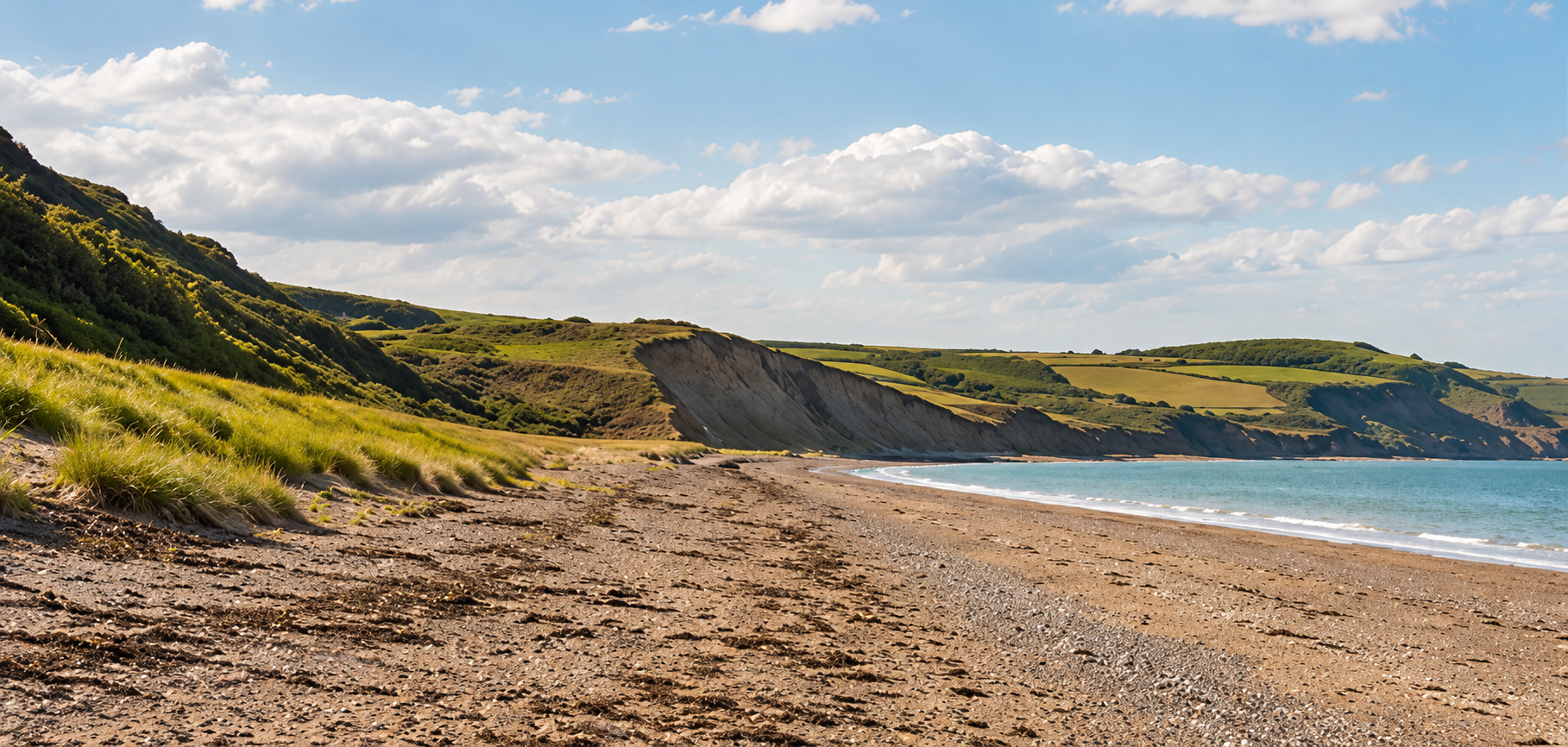 A scenic beach with a rocky, pebble-strewn shoreline, lush green cliffs and rolling grassy hills under a partly cloudy blue sky.