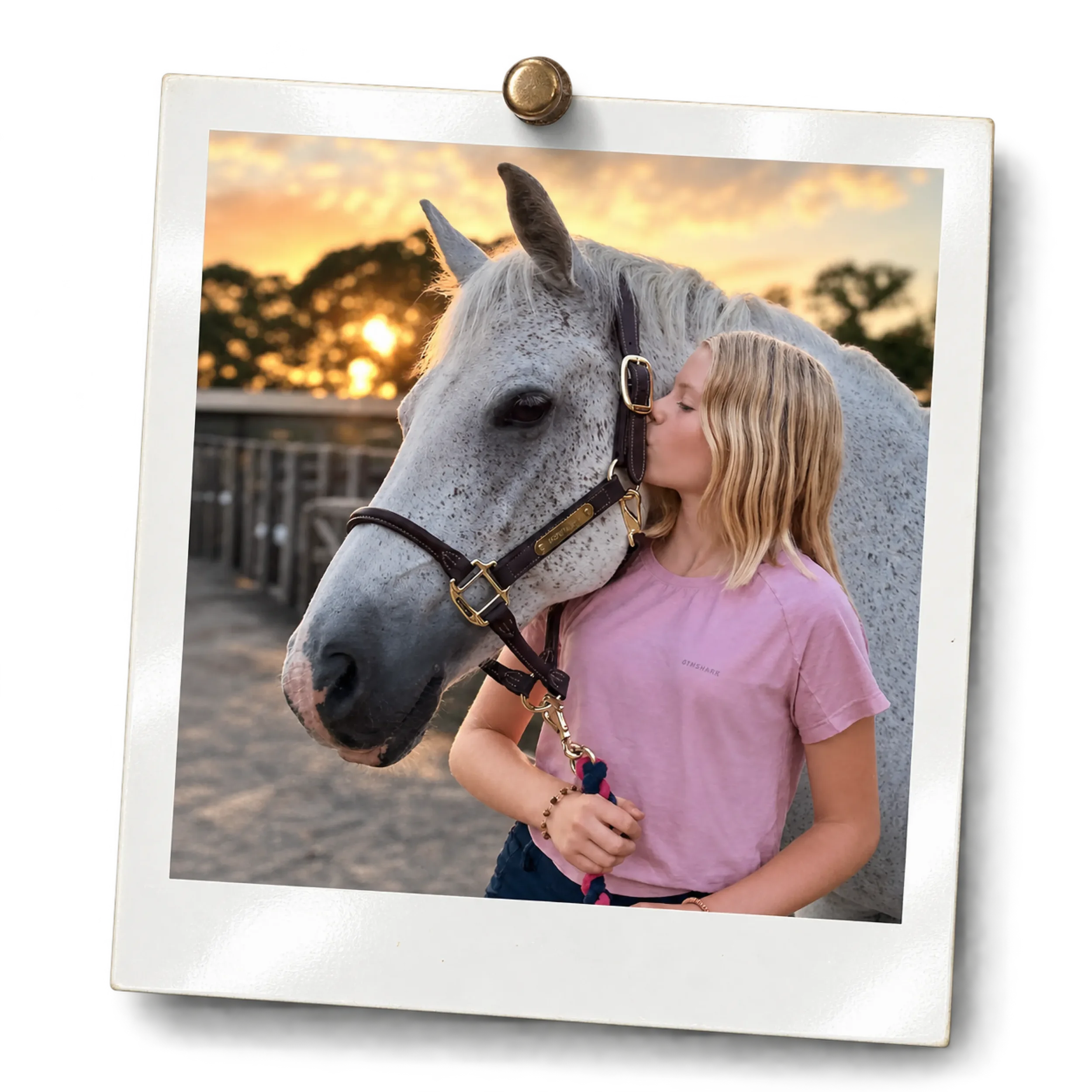 Child with blonde hair kissing a white horse on the nose during sunset, framed in a white photo frame on a black background.