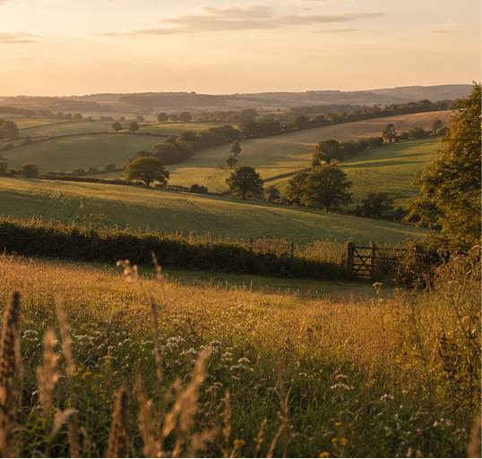 Sunset over rolling green hills with trees and a wooden gate in the foreground.