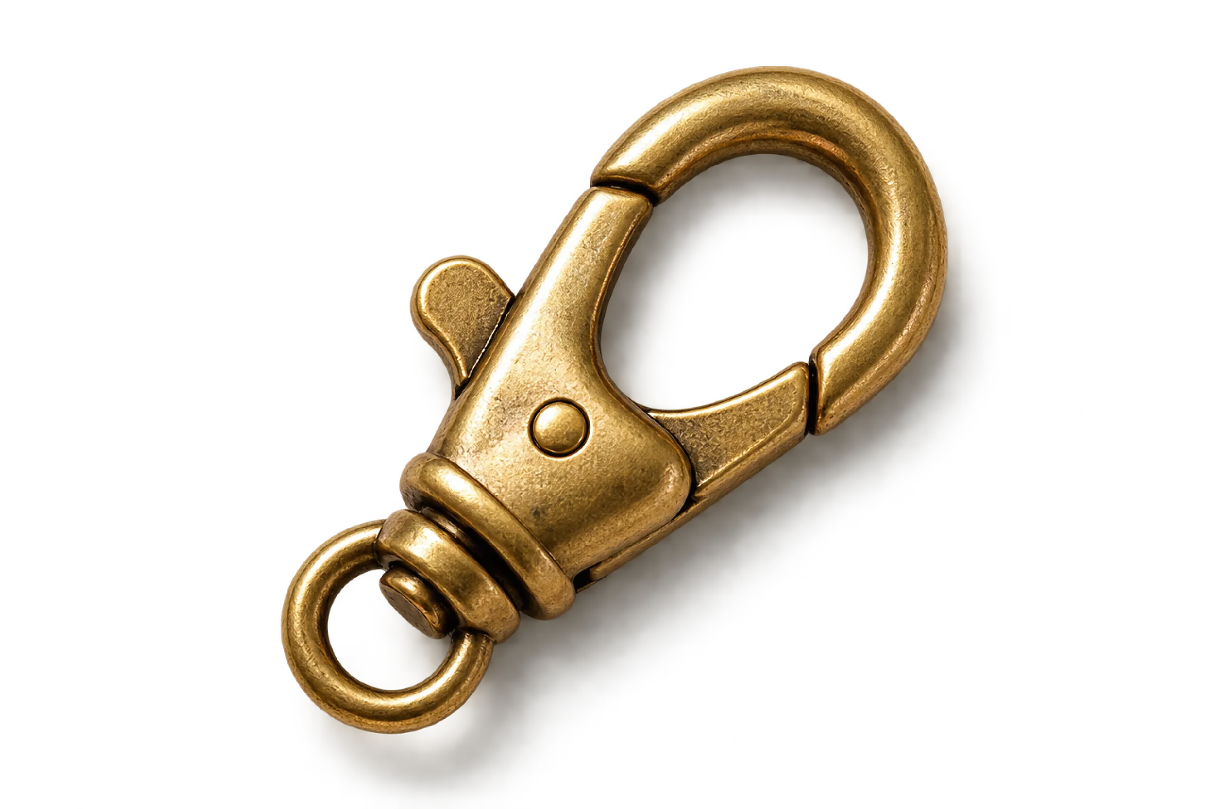 Close-up of a metallic gold clasp hook with a spring-loaded mechanism, isolated on a black background.