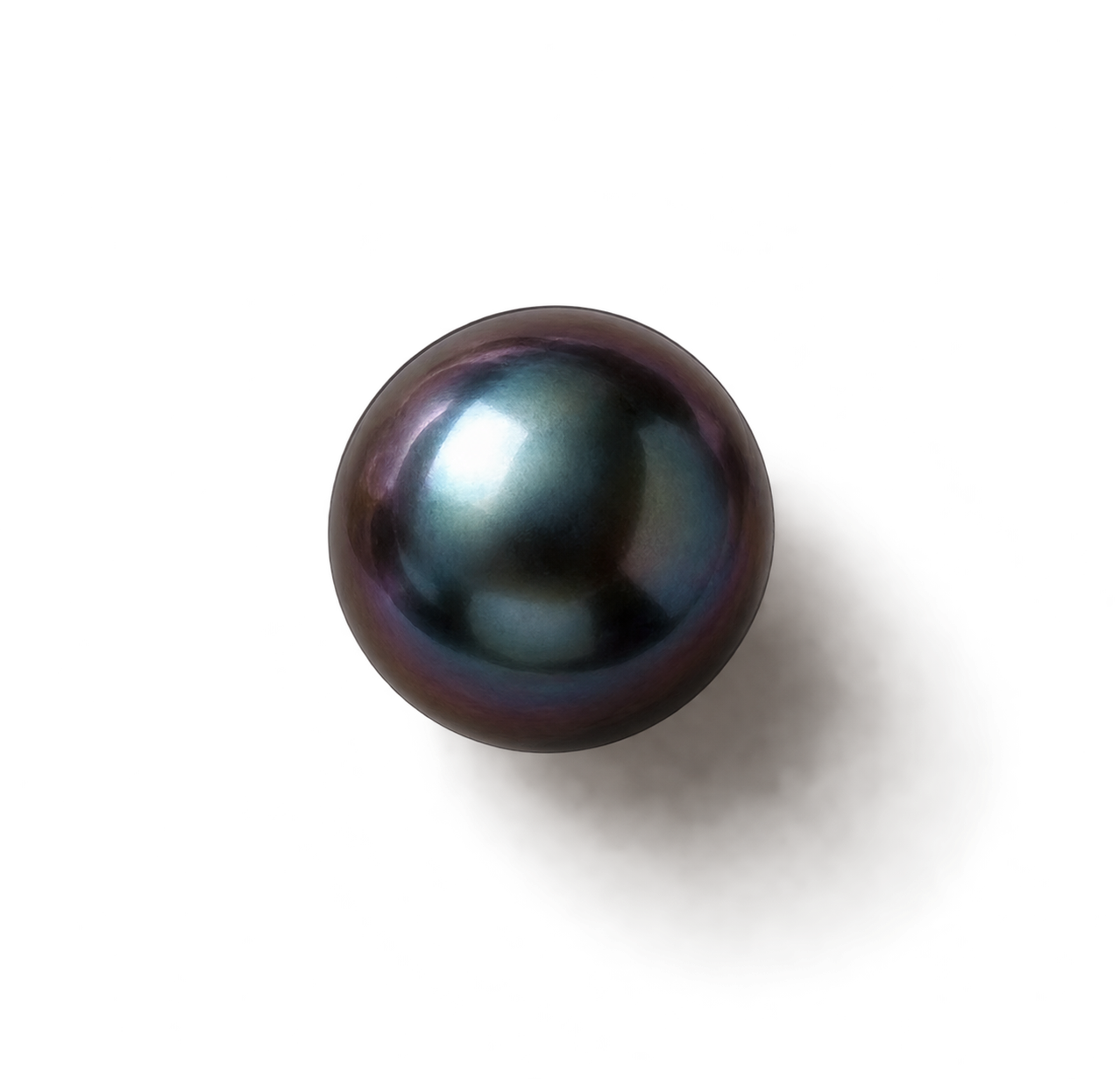 A black pearl with an iridescent surface, casting a shadow on a dark background.