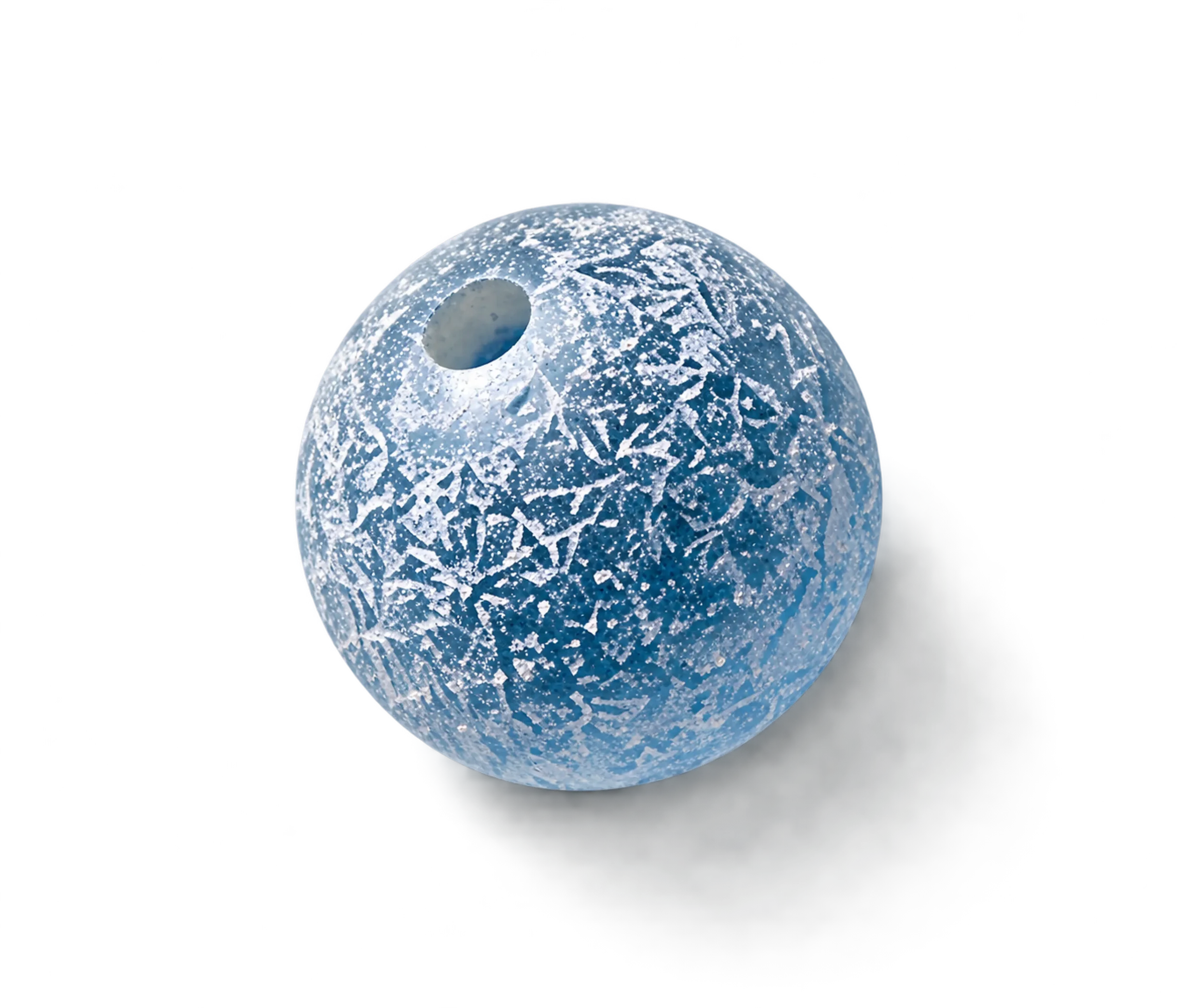A blue patterned bead with an icy surface.