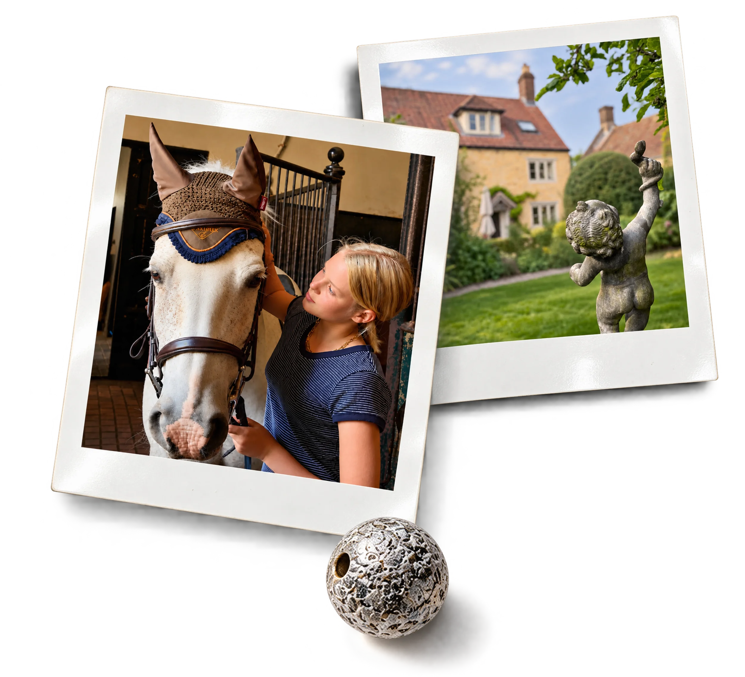 Multiple pictures arranged in a collage, including a woman and a girl with a horse, a house with a red roof and a garden, a stone statue, and decorative spheres.