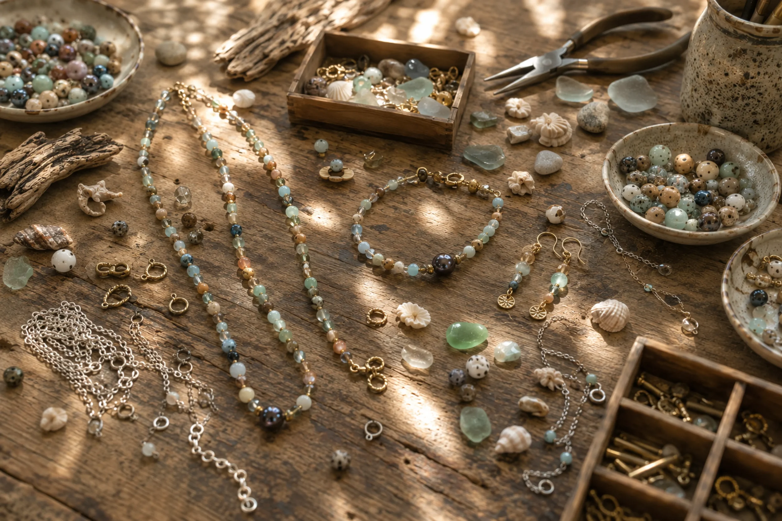 Jewelry-making supplies on a wooden table, including beads, seashells, pliers, and jewelry chains.