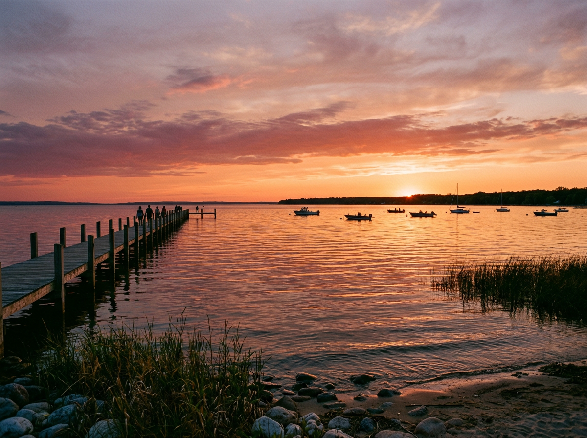 A wooden dock extends into a body of water at sunset with boats anchored nearby, a cloudy sky, and a grassy shoreline in the foreground.