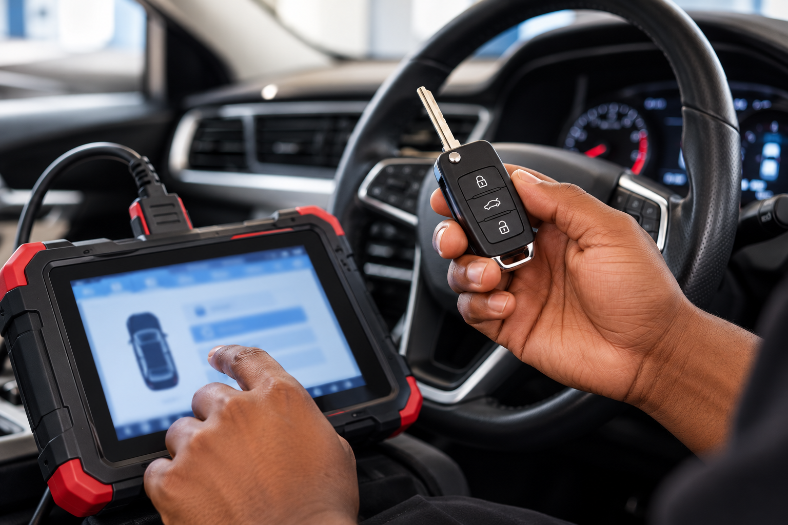 Technicien utilisant un ordinateur portable et une clé de voiture pour effectuer un diagnostic ou un programme de véhicule dans l'habitacle d'une voiture.