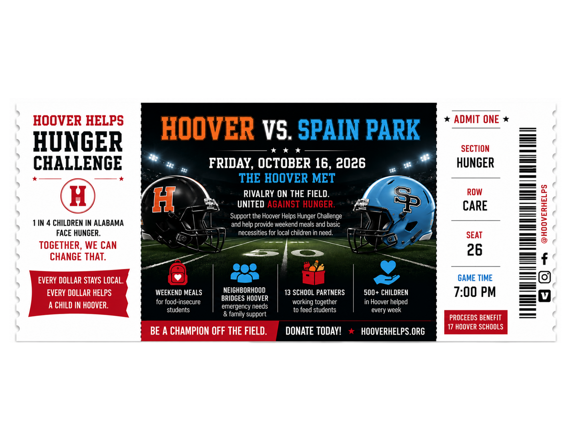 A promotional ticket for the Hoover vs. Spain Park football game on October 16, 2026, featuring football helmets, game details, and fundraising information for the Hoover Helps Hunger Challenge.