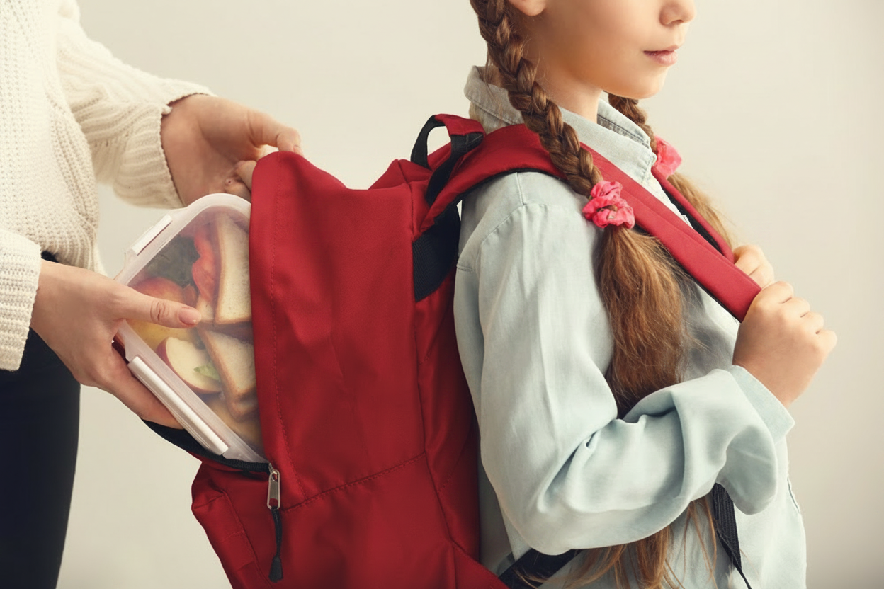 A girl with braided hair wearing a gray school uniform carries a red backpack, while an adult places a lunch container into the backpack's side pocket.