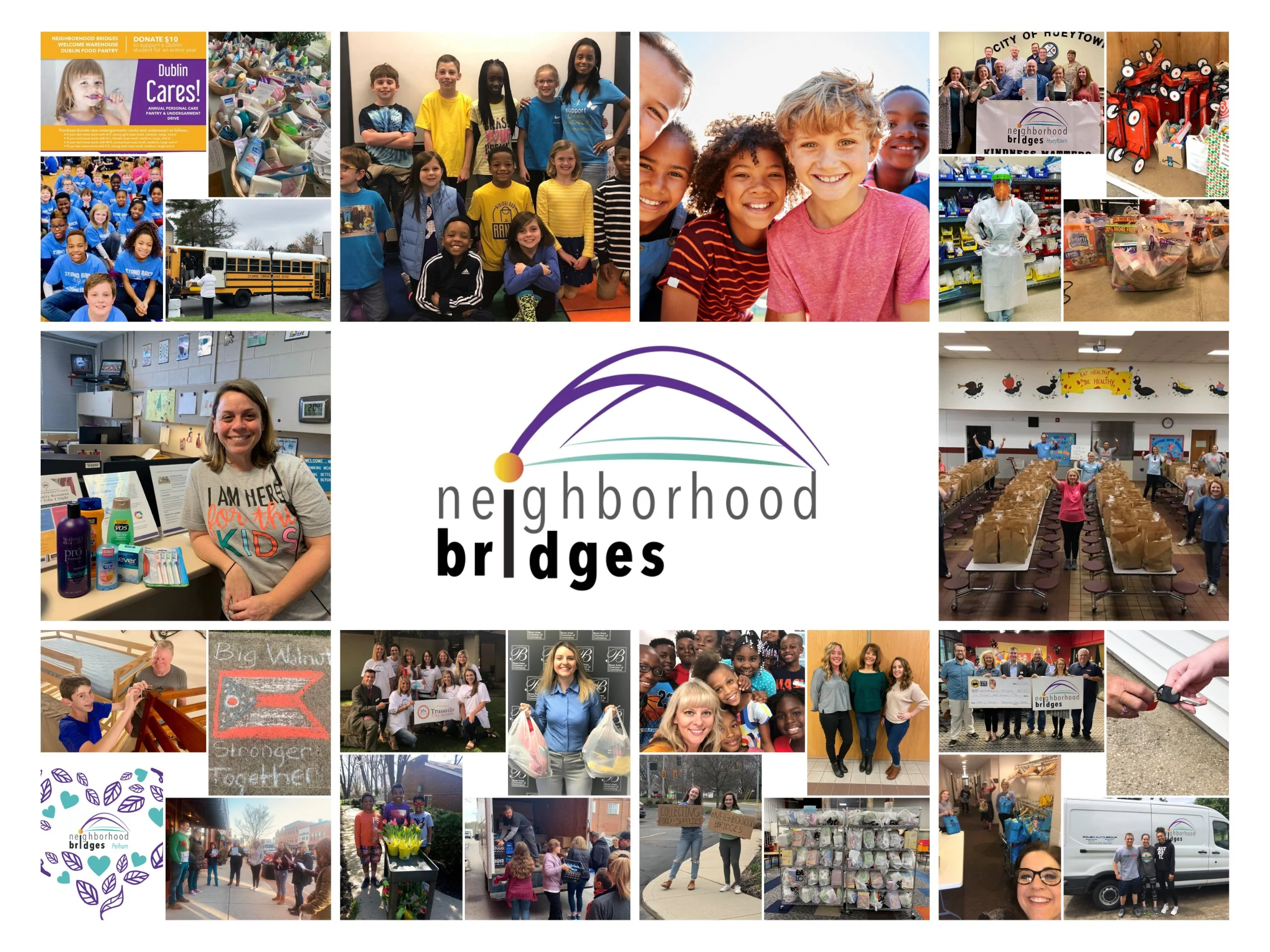 Collage of photographs showcasing community service activities organized by Neighborhood Bridges, featuring children and adults volunteering, collecting supplies, and participating in events for various community projects.