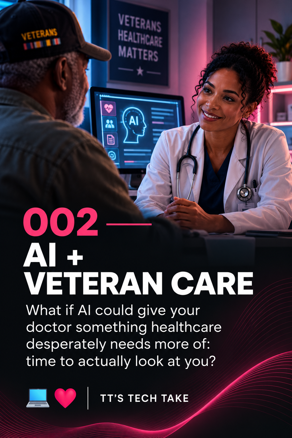 A female healthcare professional with curly hair and a stethoscope around her neck smiling and talking to an older male patient wearing a Veterans cap in a modern medical office. A computer screen displays AI-related graphics, and a sign in the background reads "Veterans Healthcare Matters."