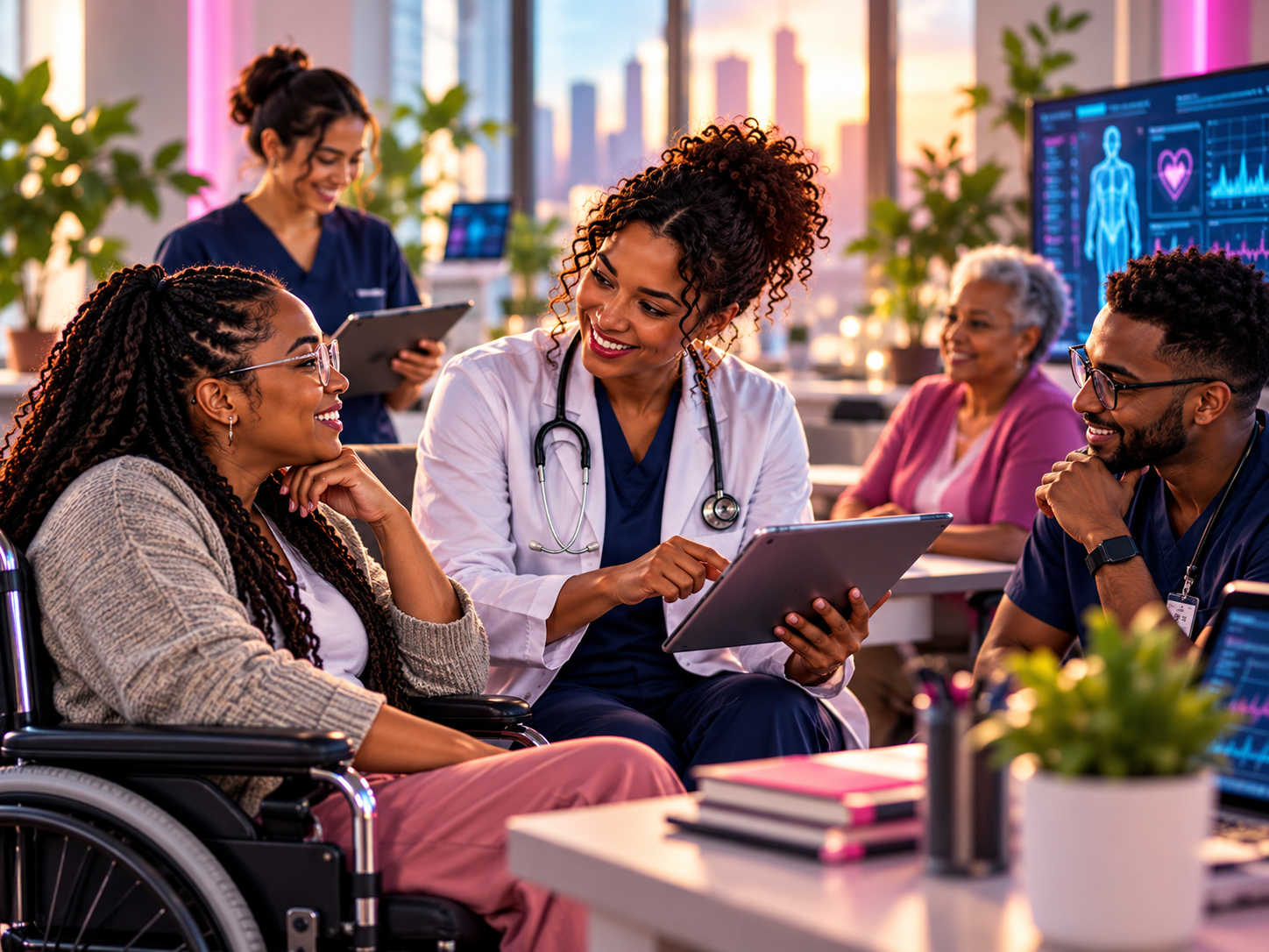 Medical professionals, including a woman in a wheelchair, are engaged in a discussion in a hospital or medical office. A nurse or doctor is showing information on a tablet to a patient in a wheelchair. Other colleagues are working in the background, with medical equipment and monitors visible.