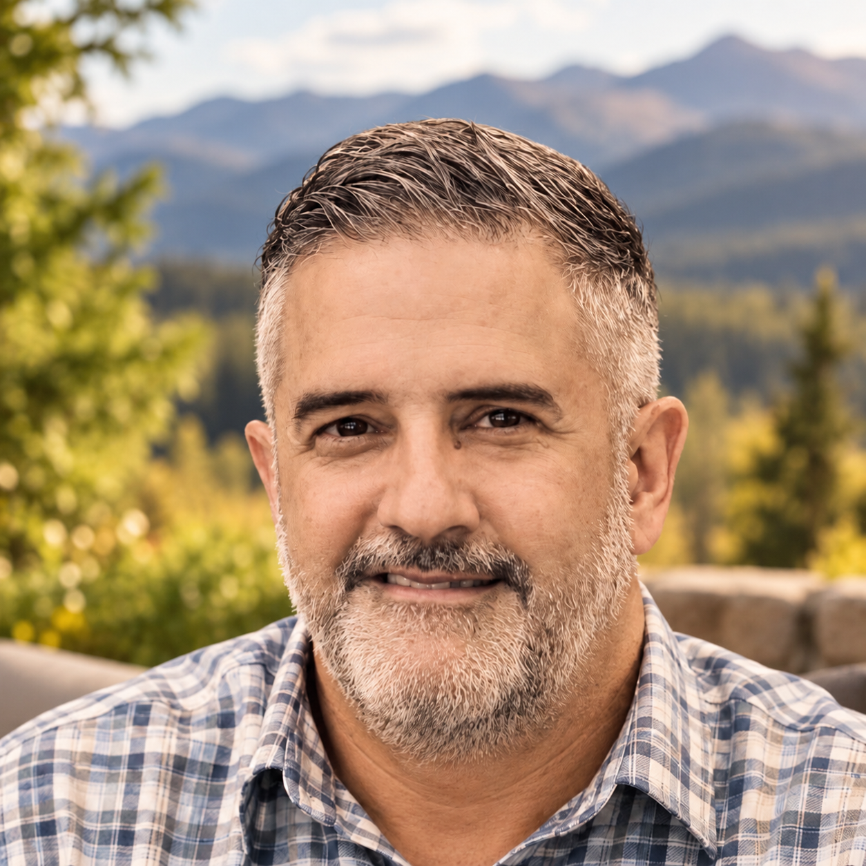 Close-up photo of a middle-aged man with a beard and short gray hair, smiling outdoors with mountains and trees in the background during daytime.