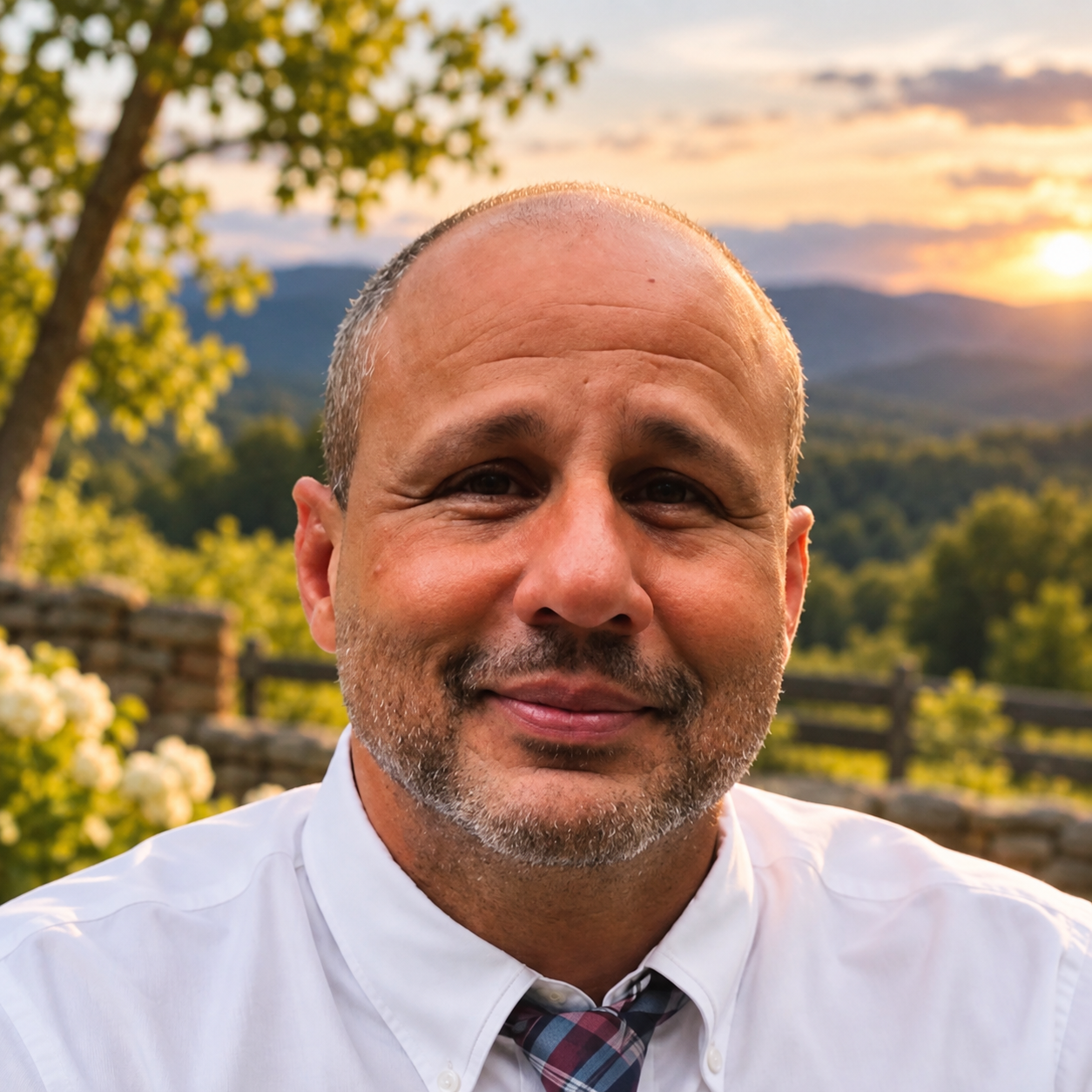 Close-up of a middle-aged man with a beard, smiling outdoors at sunset with mountains and trees in the background.
