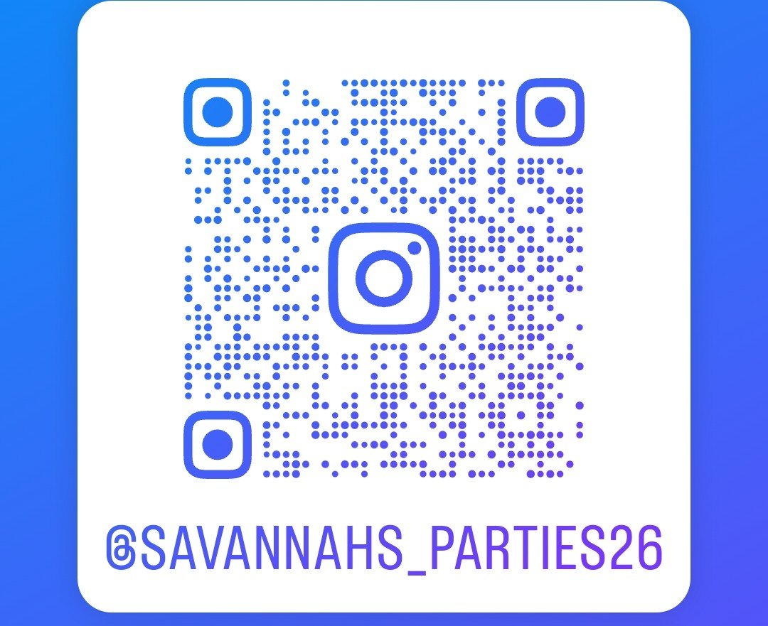 A QR code with the Instagram handle '@SAVANNAHS_PARTIES26' displayed below it, with a blue gradient background.