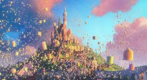 Colorful animated scene of a castle with floating lanterns and fireworks in the sky.