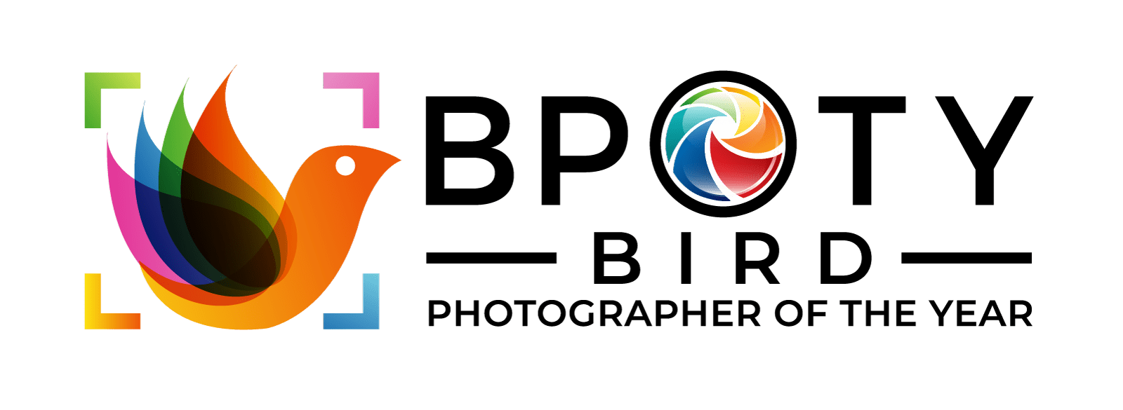 Logo for Bird Photographer of the Year, otherwise known as 'BPOTY' : A colourful bird logo with multicoloured feathers and a circular colour swirl, accompanied by the text 'BPOTY' to the top centre.