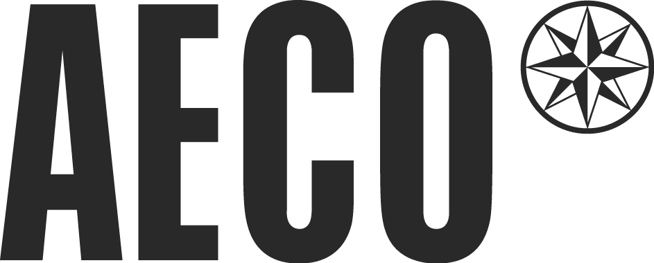 Logo for AECO (Association of Arctic Expedition Cruise Operators) : A black logo with large letters spelling AECO and a stylised compass rose symbol in the upper right corner.