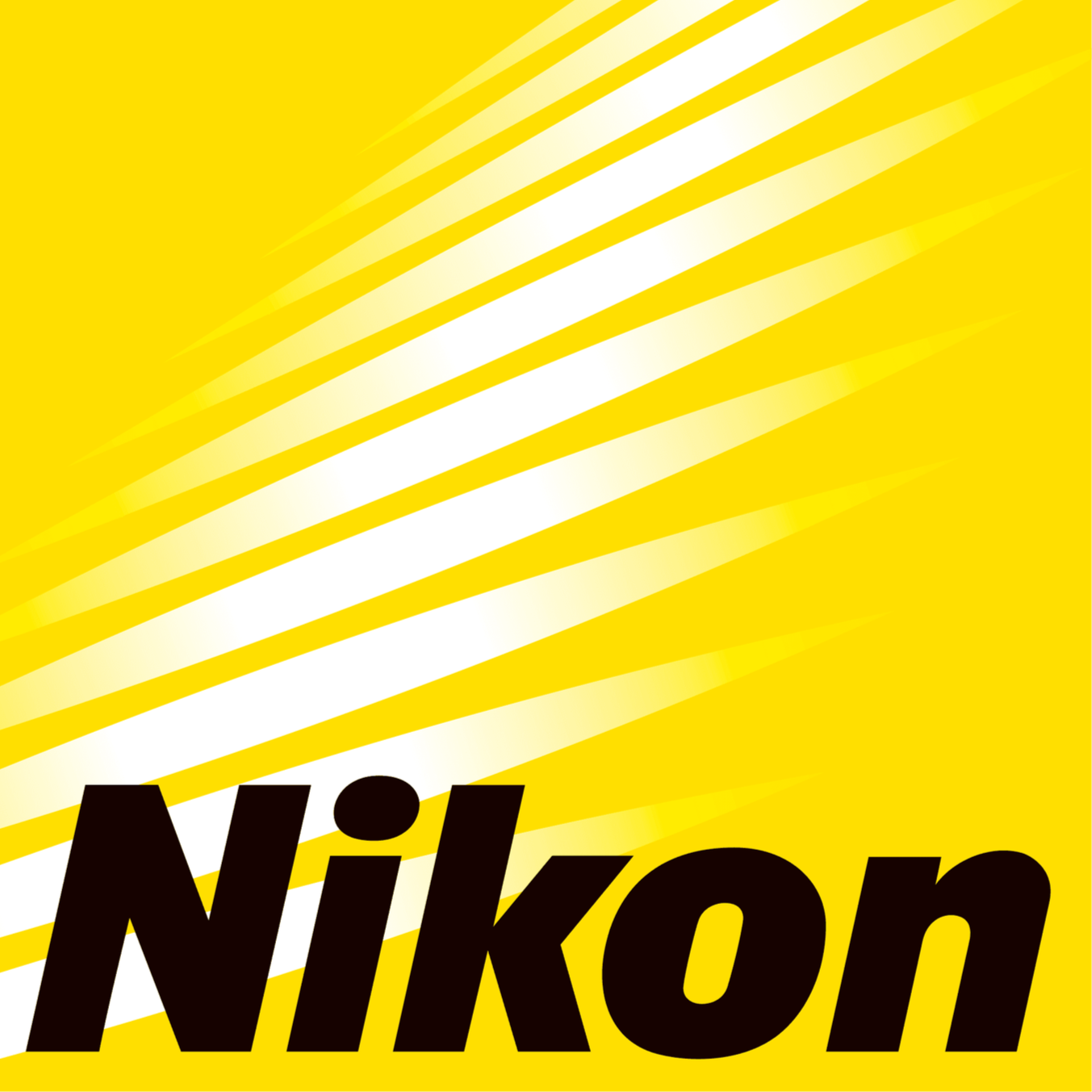 Logo for Nikon: A yellow square with yellow and white rays and the word Nikon in bold black letters.