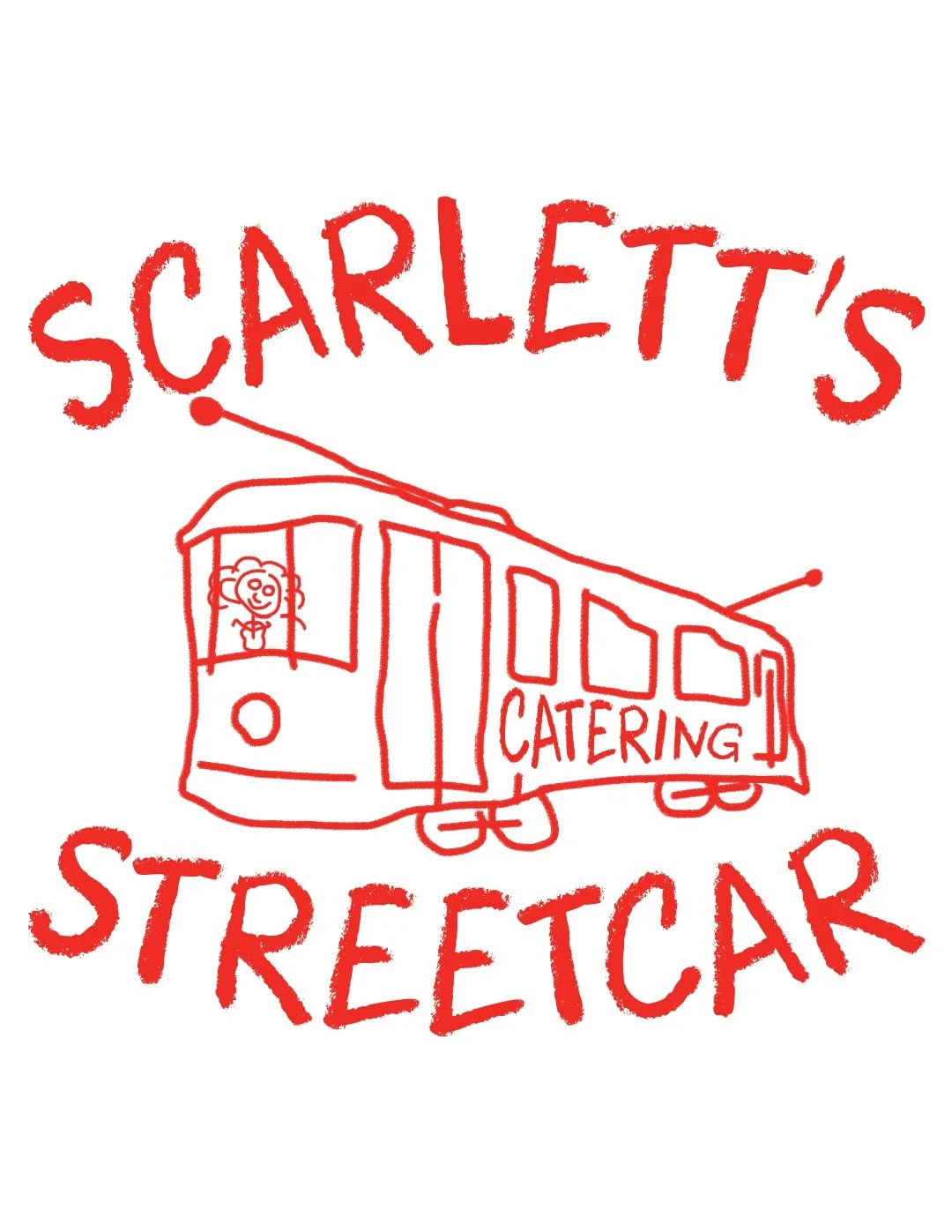 Red hand-drawn logo featuring a streetcar with a smiling person inside, the words 'Scarlett's' above, and 'Streetcar' below, with 'Catering' written on the streetcar.