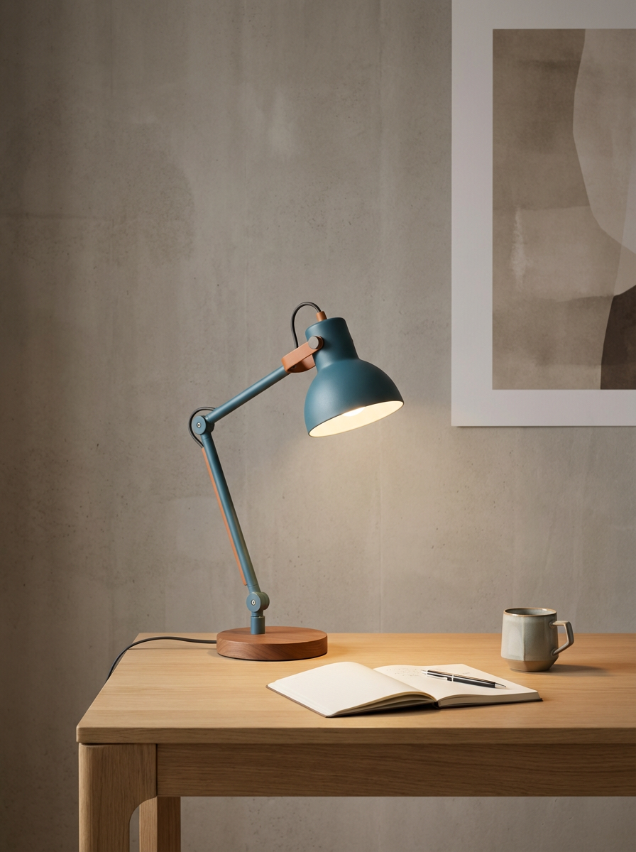 A desk lamp illuminating an open notebook with a pen, a ceramic mug, and a piece of abstract wall art on a neutral wall.