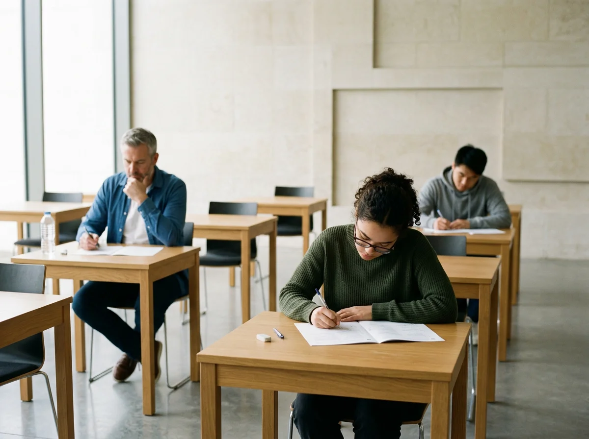 Three students seated at separate desks taking an exam in a well-lit classroom.