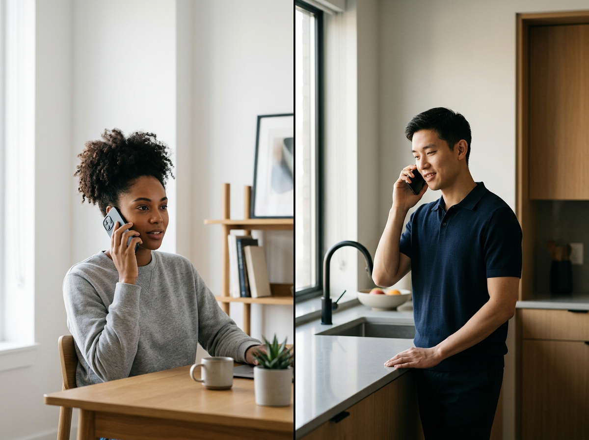 A woman and a man are talking on their phones in a kitchen and dining area. The woman is sitting at a wooden table with a coffee mug and small plant, while the man is standing near the kitchen sink, smiling.