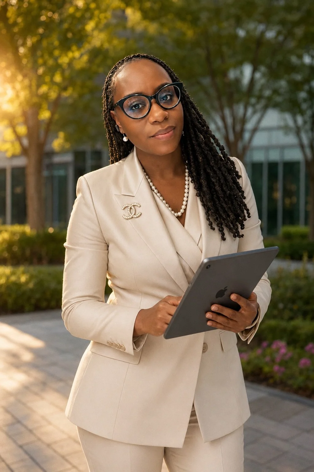 A professional African American woman with long textured hair, wearing glasses, pearl jewelry, a beige suit with a Chanel brooch, holding a tablet outdoors in front of trees and a modern building.