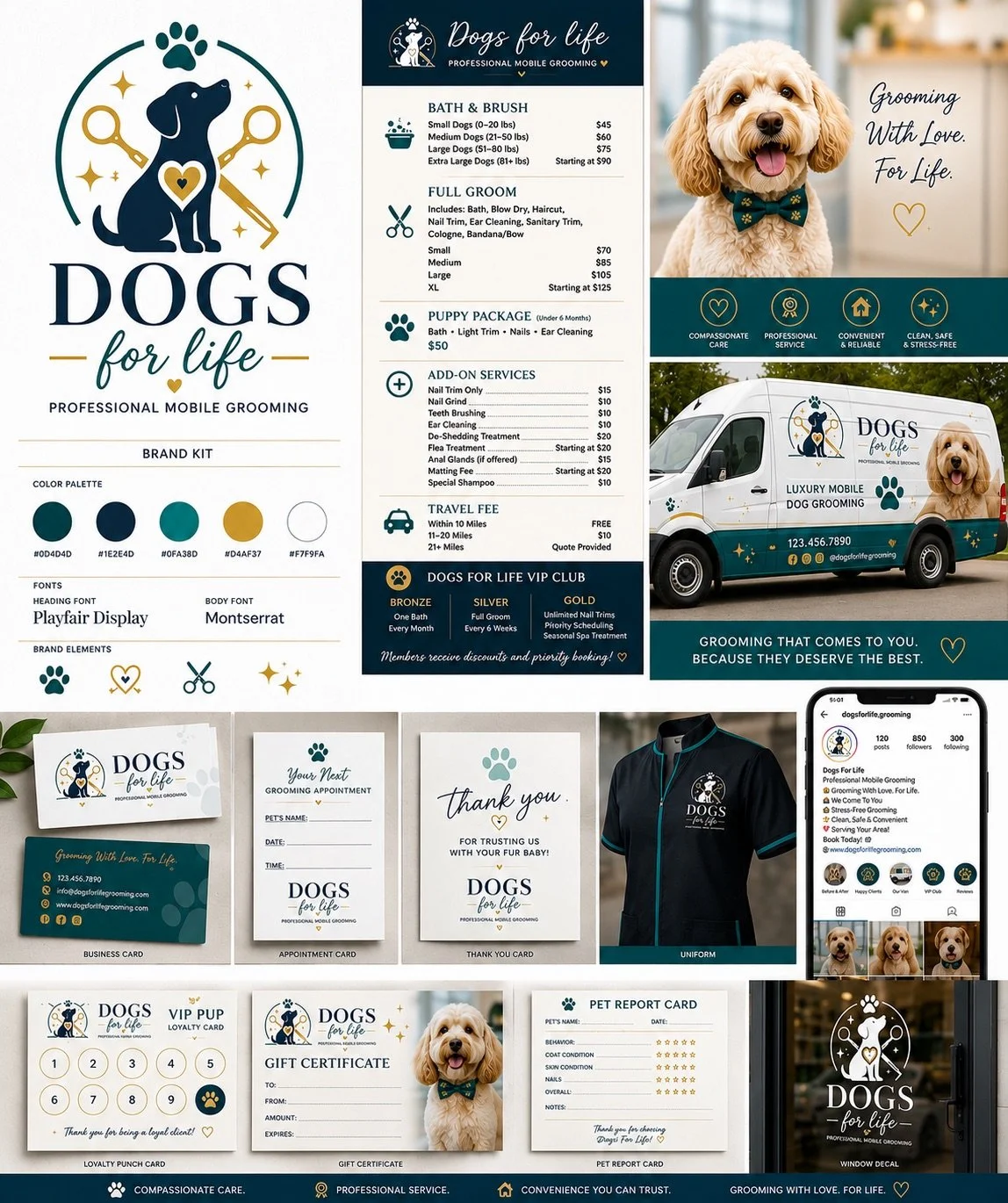 A branding and marketing display for Dogs for Life, a mobile dog grooming service. The display includes a logo featuring a dog with grooming tools, a list of grooming services and pricing, VIP club tiers, business cards, appointment cards, gift certificates, a uniform, a van with logo, social media page, loyalty punch card, pet report cards, and window decal, all with a blue, gold, and white color scheme.
