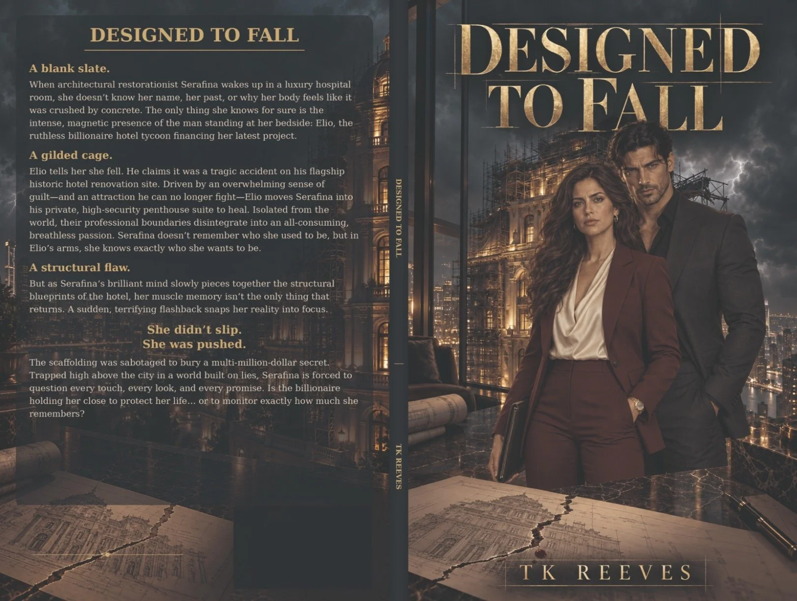 Book cover titled 'Designed to Fall' by TK Reeves, featuring a man and woman in business attire standing in front of a city skyline with a partially constructed building and stormy sky. The back cover contains a synopsis of the story.