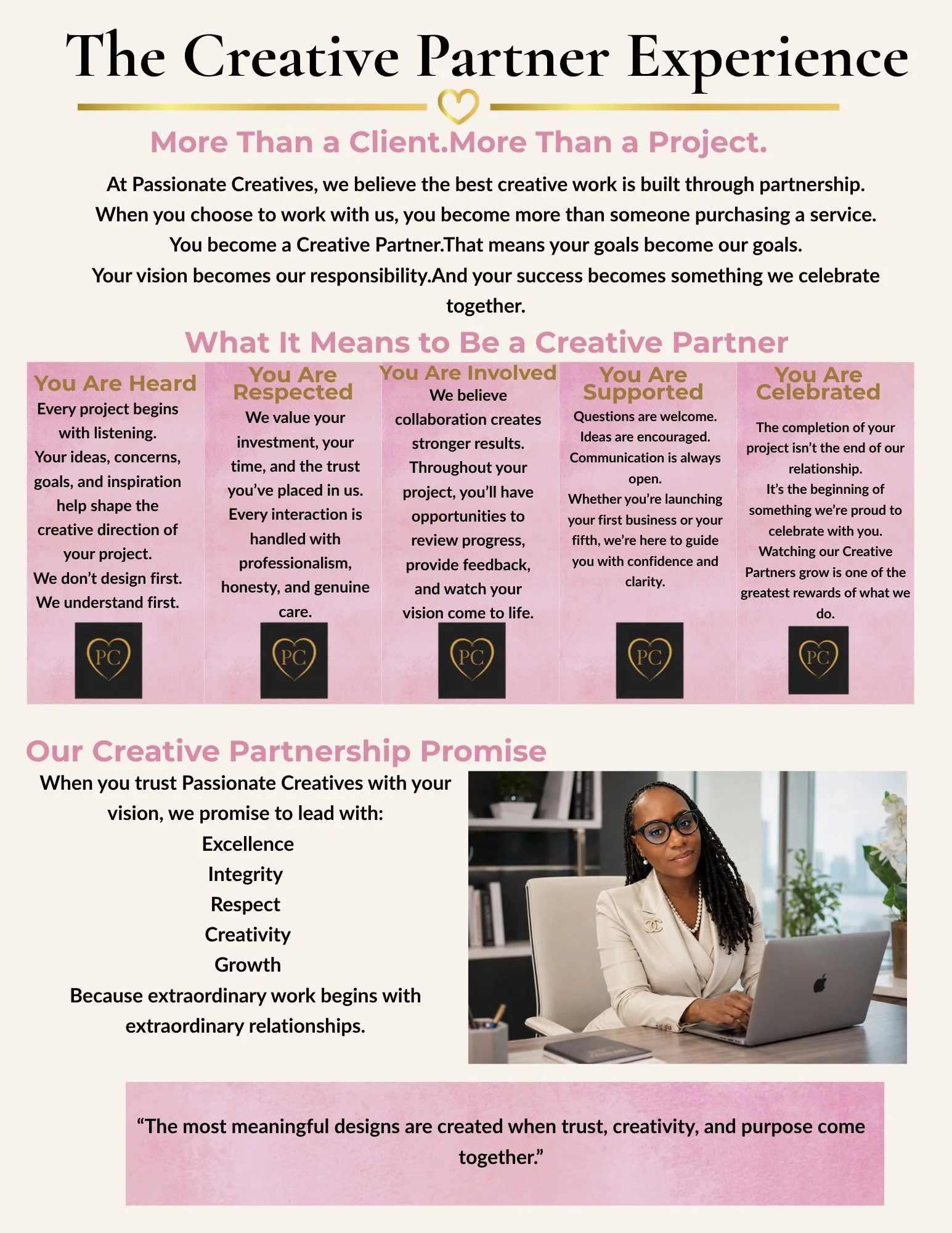 A webpage or flyer titled 'The Creative Partner Experience' with sections describing being heard, respected, involved, supported, and celebrated in creative partnerships. Contains a photo of a woman in business attire sitting at a desk with a laptop in a modern office.