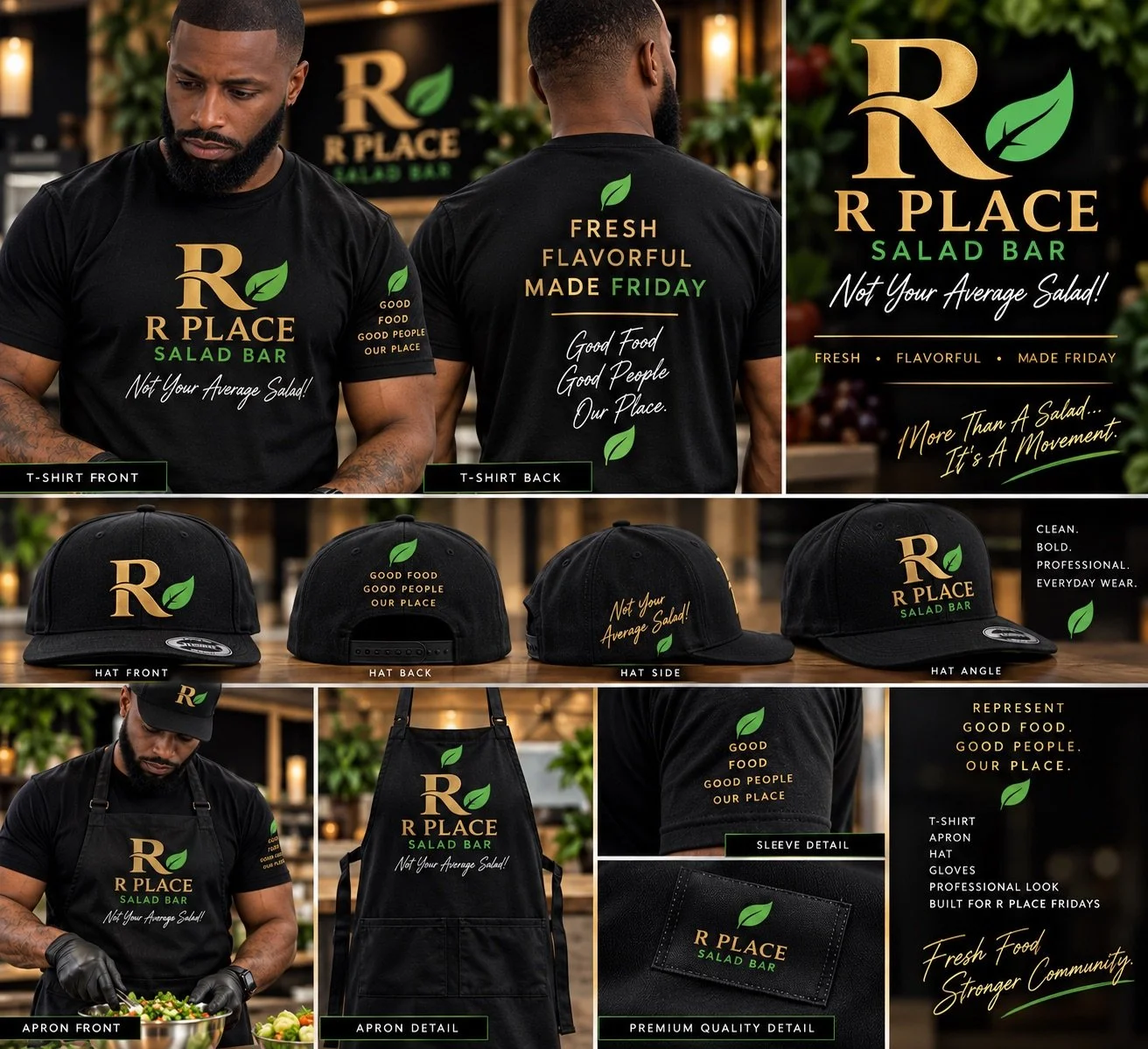 Display of branding materials for R Place Salad Bar, including T-shirts, hats, aprons, a reusable bag, and promotional signs highlighting fresh, flavorful salads made on Fridays, emphasizing quality, professionalism, and community.