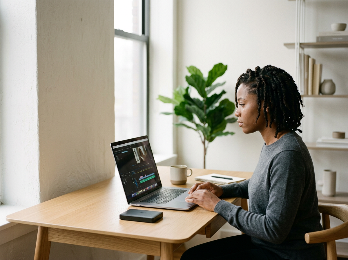 Woman editing a video on a laptop at a desk in a bright room with a green potted plant in the background.
