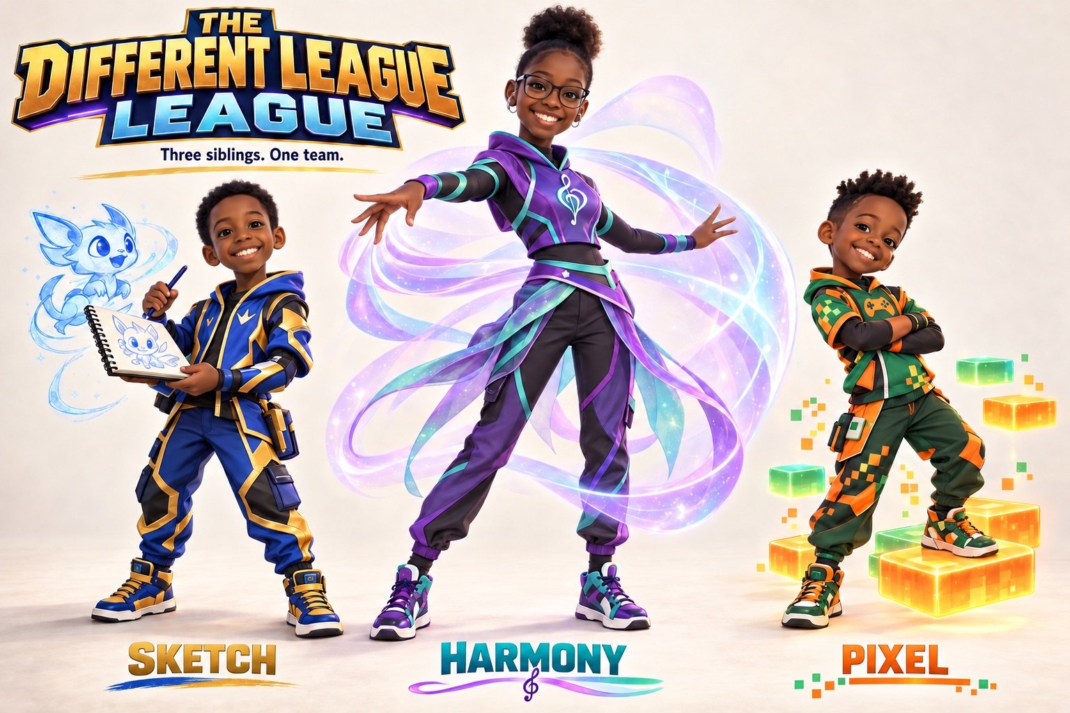 Three children dressed in colorful superhero costumes representing different attributes: SKETCH (blue and yellow), HARMONY (purple and teal), and PIXEL (green and orange). They are posing confidently with a plain background and digital effects. The phrase "The Different League" and the slogan "Three siblings. One team." are displayed at the top.