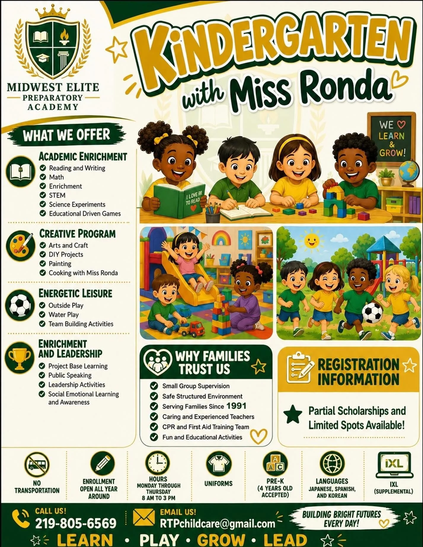 Flyer for Midwest Elite Preparatory Academy's kindergarten program with images of happy children playing and learning inside and outside, offering academic enrichment, creative activities, energetic leisure, enrichment, leadership, and trusted family environment since 1991.