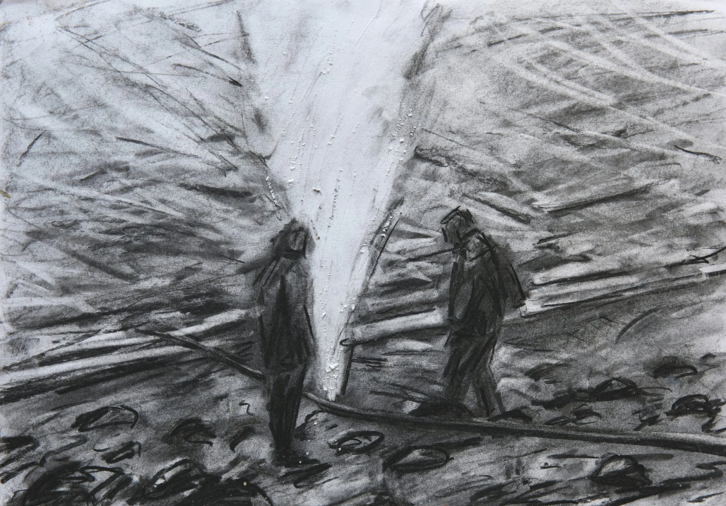 A black and white drawing of a pathway through a forest with trees on either side and two people walking in the distance.