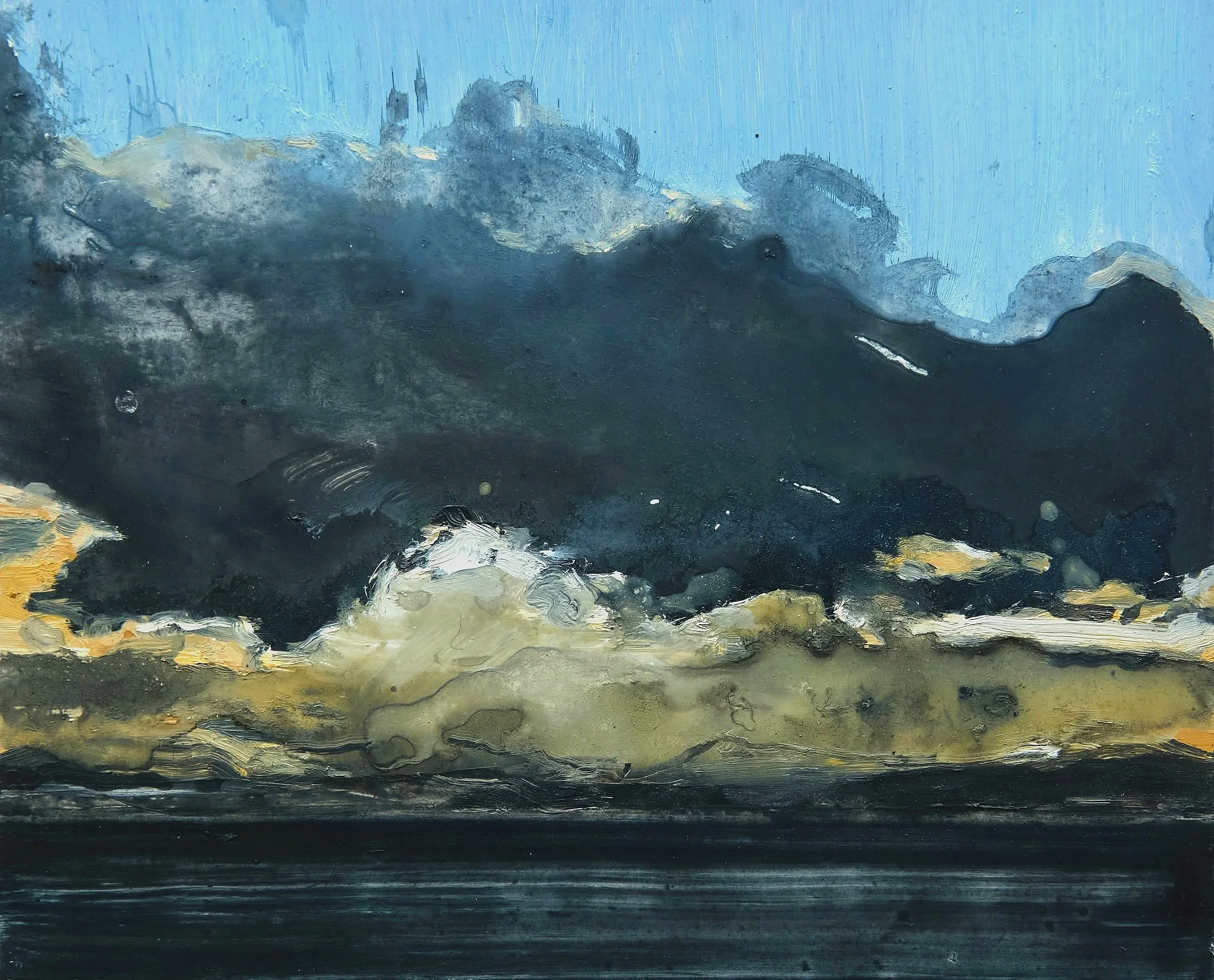 An abstract painting with a mix of dark and light colors, primarily black, gray, beige, and hints of yellow, with textured brushstrokes and a blue background.